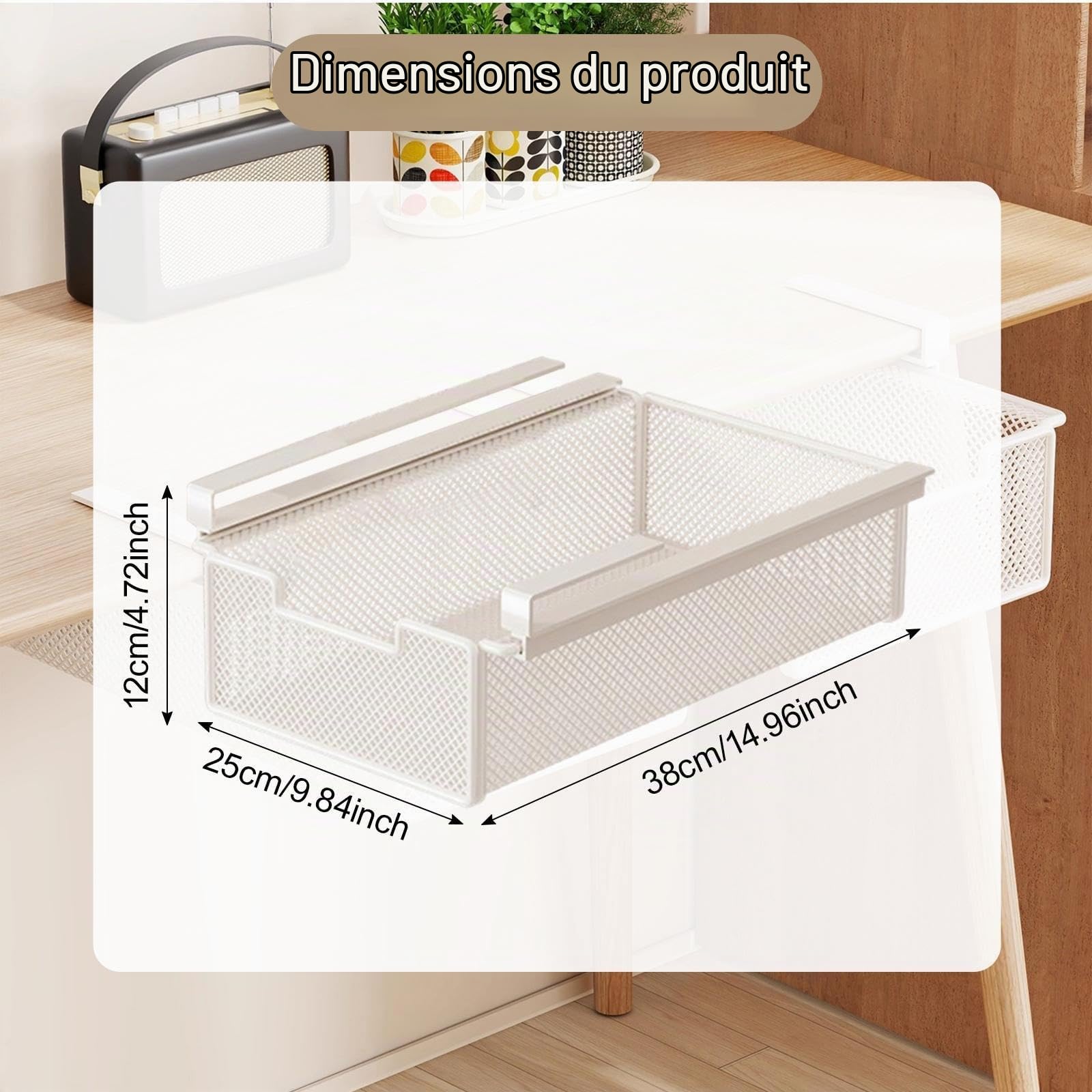Lot de 2 Paniers de Rangement Coulissants sous étagère, Support Suspendu pour Tiroir de Bureau, pour Espace de Travail, Placard, Salle de Bain, 25x38x12cm