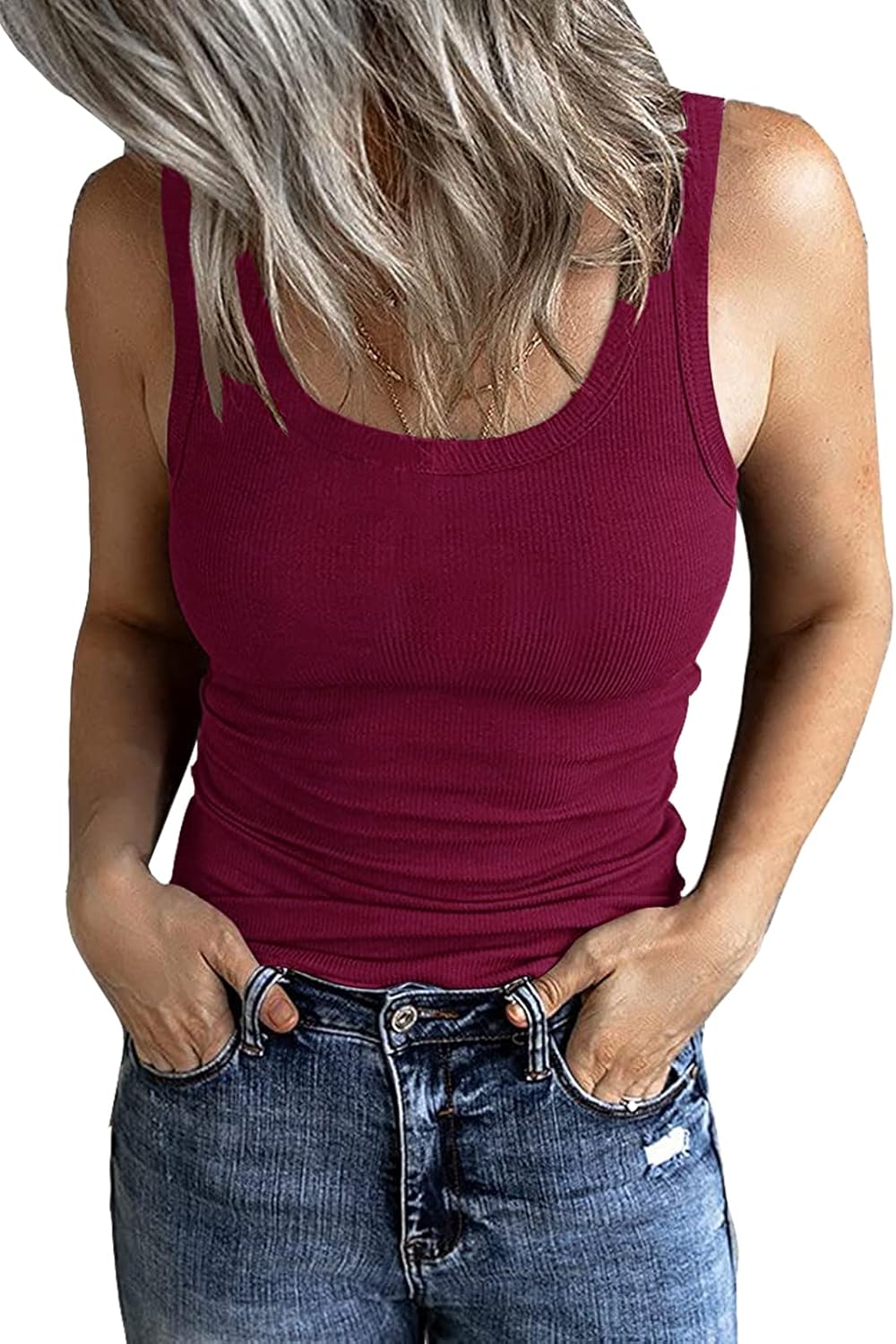 GEMBERA Women's Sleeveless Scoop Neck Ribbed Tank Tops Fitted Basic Cami Tee Shirts