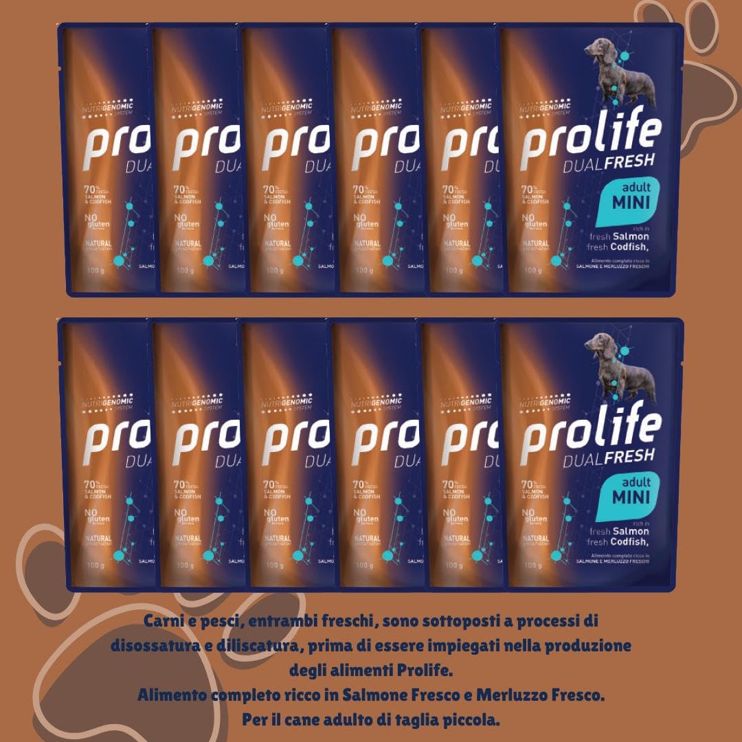 Prolife Umido Cane Dualfresh Adult Salmone e Merluzzo, alimento completo per cani adulti di tutte le taglie,gusto Salmone e Merluzzo | 12 bustine da 100 grammi l’una.