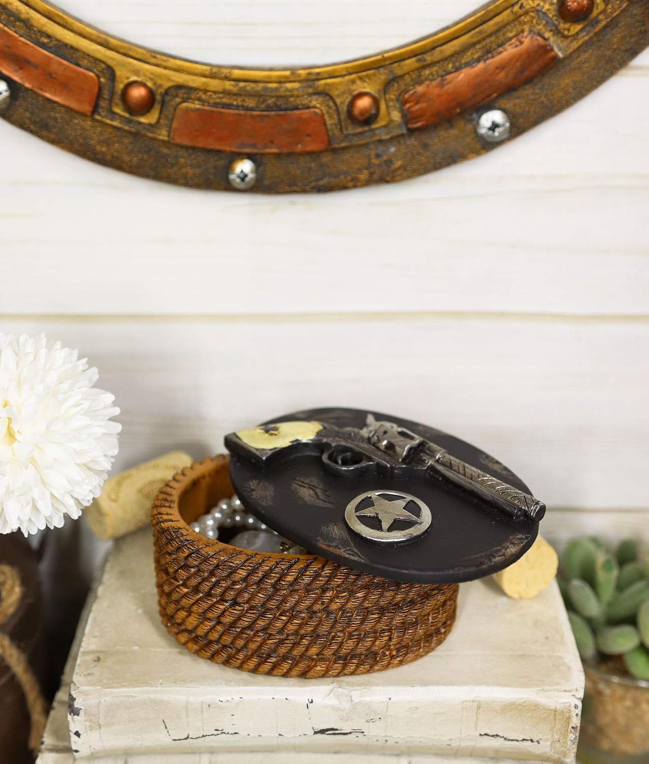 Ebros Old World Western Country Cowboy Six Shooter Gun Pistol Western Star and Braided Ropes Large Decorative Resin Jewelry Trinket Box Figurine 7" Wide As Rustic Decor Accessory Storage Accent