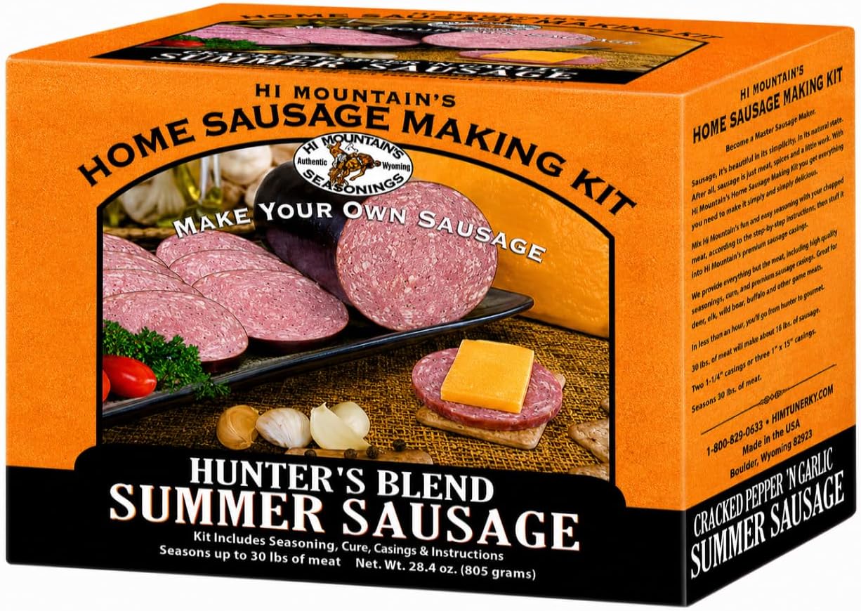 Hi Mountain Summer Sausage Seasoning Kit | HUNTER'S BLEND | Includes 10 Casings, Seasoning, Cure, & Directions | Ideal for Beef, Pork, Venison, Deer & Wild Game | Makes up to 30 lbs