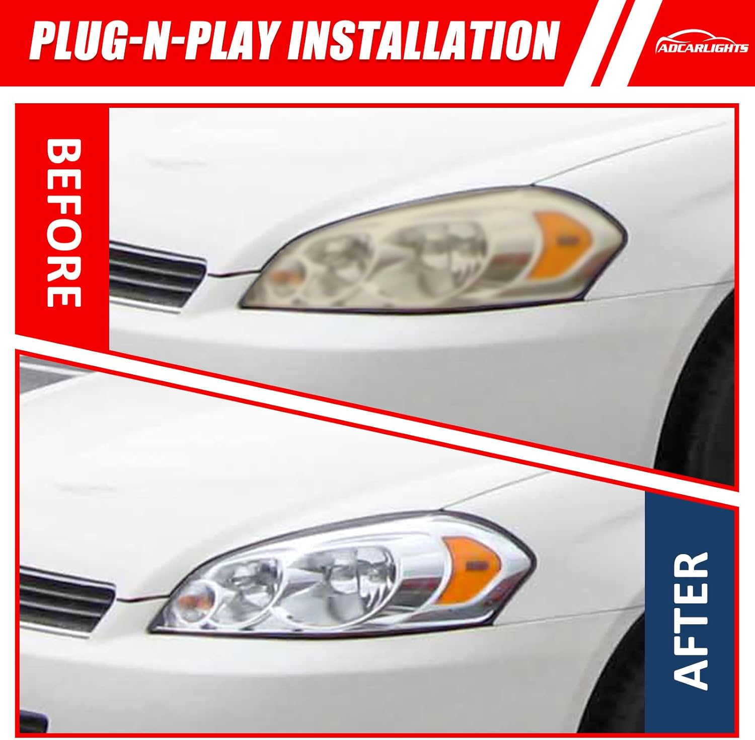 for 2006-2013 Chevy Impala 2006-2007 Chevy Monte Carlo Headlight Assembly Compatible with 2014-2016 Chevy Impala Limited Headlamp Chrome Housing Amber Reflector Replacement Pairs Bulbs Not Included