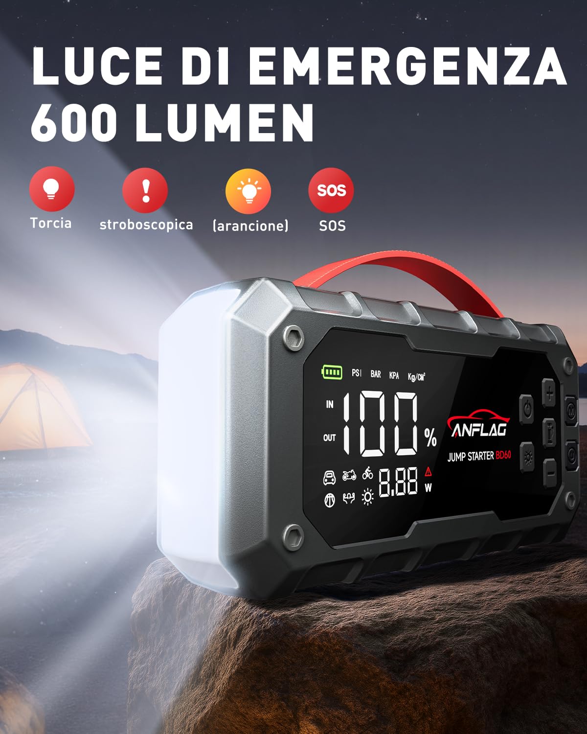 Booster Avviamento Auto 8000A, ANFLAG Avviatore Batteria Auto con Compressore 160PSI, 26800mAh Starter Batteria per Tutti Gas o 14L Diesel con PD65W Ricarica Rapida/Doppia USB/600 Lumen LED