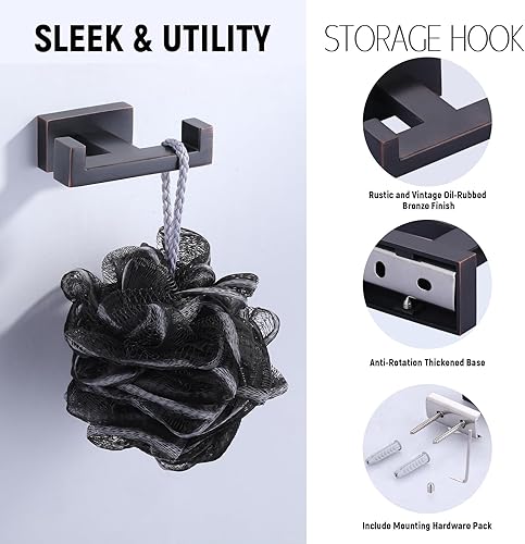 Miniatura 2 de IVIGA Gancho doble para toallas, bronce aceitado, soporte para toallas de baño de acero inoxidable, gancho de montaje en pared, gancho doble