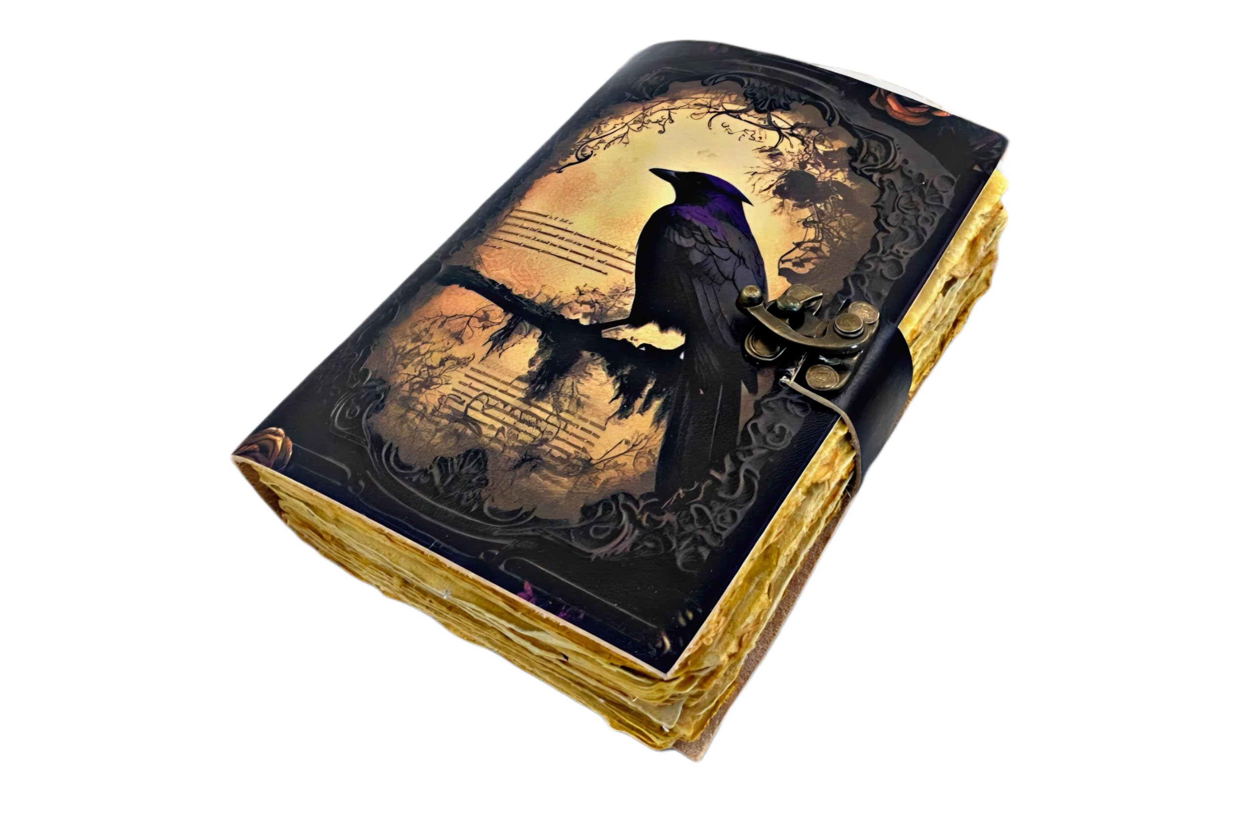 The Raven Leather Journal – Livre de sorts vierge des ombres Grimoire – Carnet de croquis et carnet de croquis en cuir vintage fait à la main – 200 pages non lignées à bord à carreaux – Journal