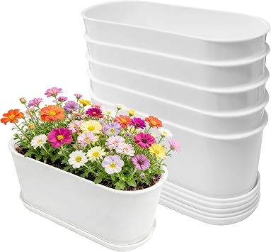 5-Pack White Herb Planter Box with Drip Trays, 8.5 Inch Small Oval Window Planters for Kitchen Sill, Indoor Outdoor, Perfect for Basil, Mint, Succulents, Flowers
