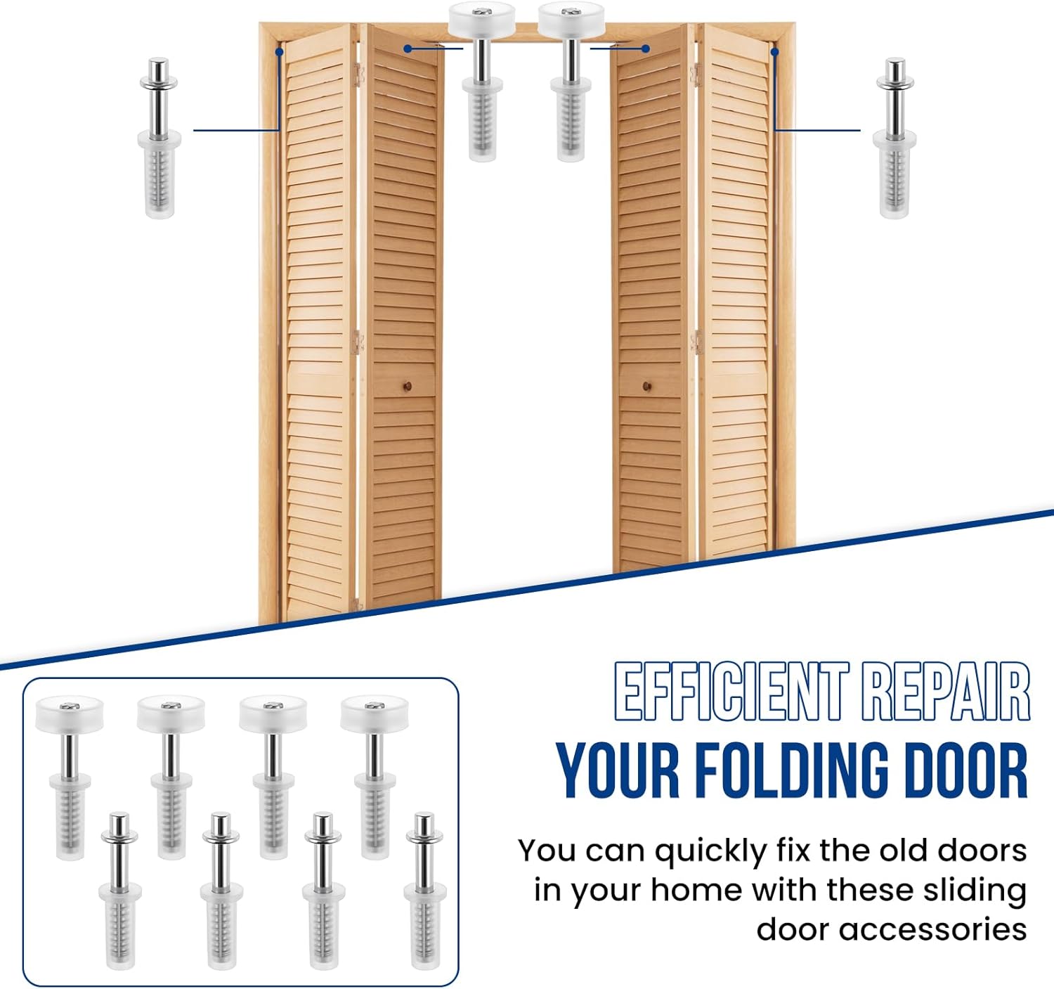 8 Pcs 3/8" Bi-Fold Door Top Roller Hardware Set, Bifold Closet Spring Loaded Top Pivots and Guide Wheels Repair Kit for Closet, Folding, Shower, Pocket & Accordion Doors
