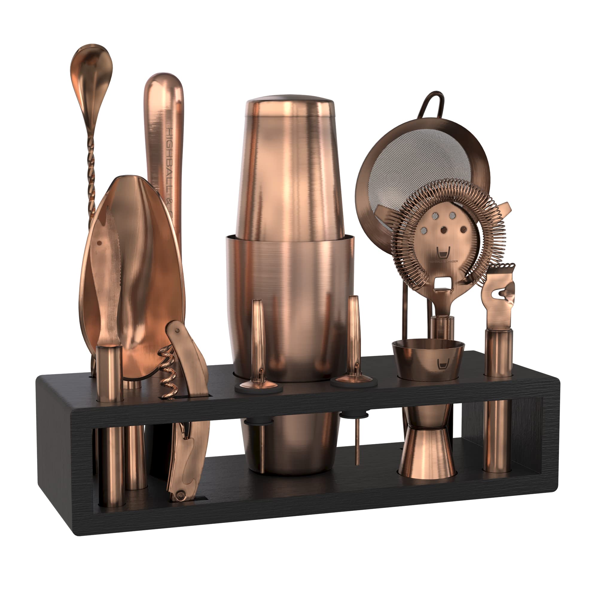 Highball & Chaser Bartender Kit with Black Bamboo Stand Beautiful Cocktail Shaker Set and Bar Tools 