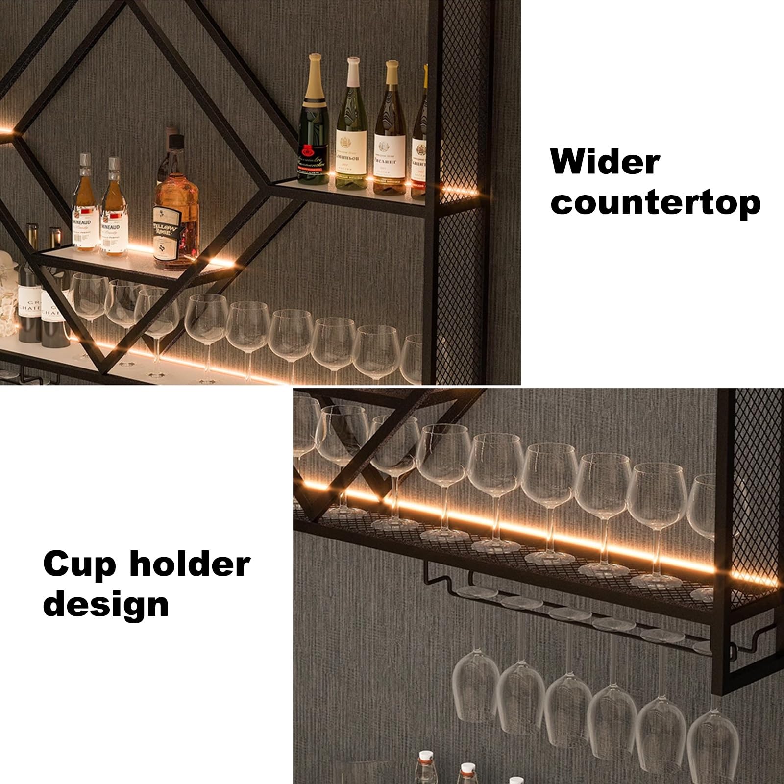 Wine Rack Wall Lujoso Botellero de Hierro Lacado en Forma de Diamante, Botellero de Pared para Vino con Luz LED y Portavasos para Cocina, Salón, Barr, Cafetería | Iron Lacquer Wine Rack, Industrial Bari Shelves for Home Barr, Kitchen, Dining Room(Gold,100