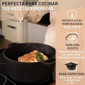 Cast Iron Casserole Dish Matte Black 6 Litres – Cast Iron Pot Compatible with Induction and All Heat Sources – Versatile Stew – Pot Diameter 28 cm