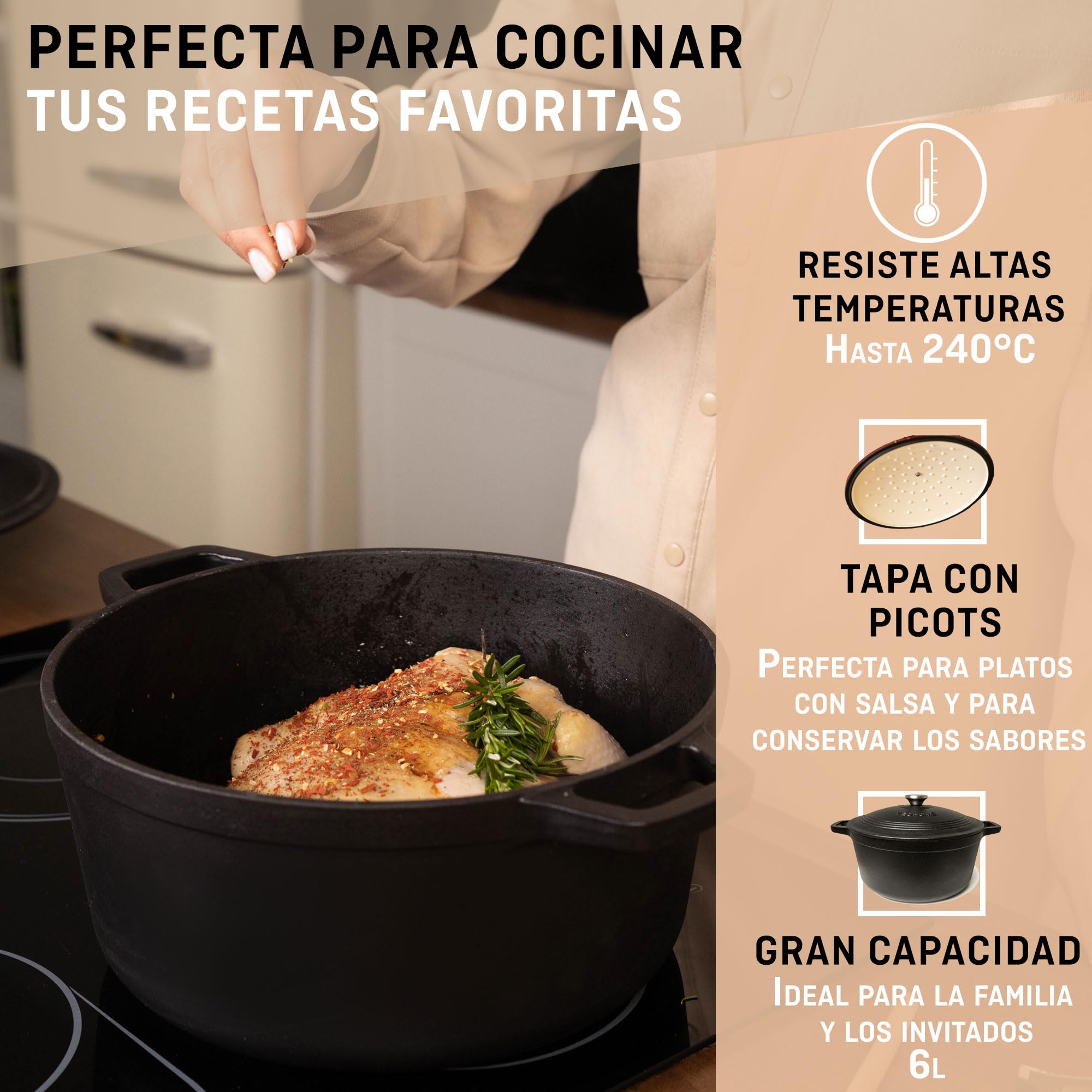 Cazuela de hierro fundido negro mate 6 litros - Olla de hierro fundido compatible con inducción y todas las fuentes de calor. Guiso versátil - caldero diámetro 28cm