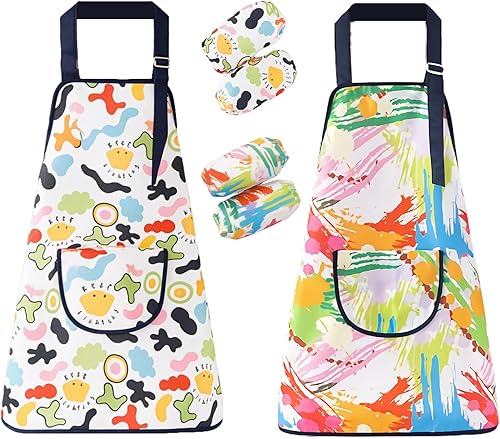 Paquete de 2 delantales infantiles para niñas y niños, delantal de pintura impermeable con bolsillos para cocinar, hornear, manualidades de cocina y