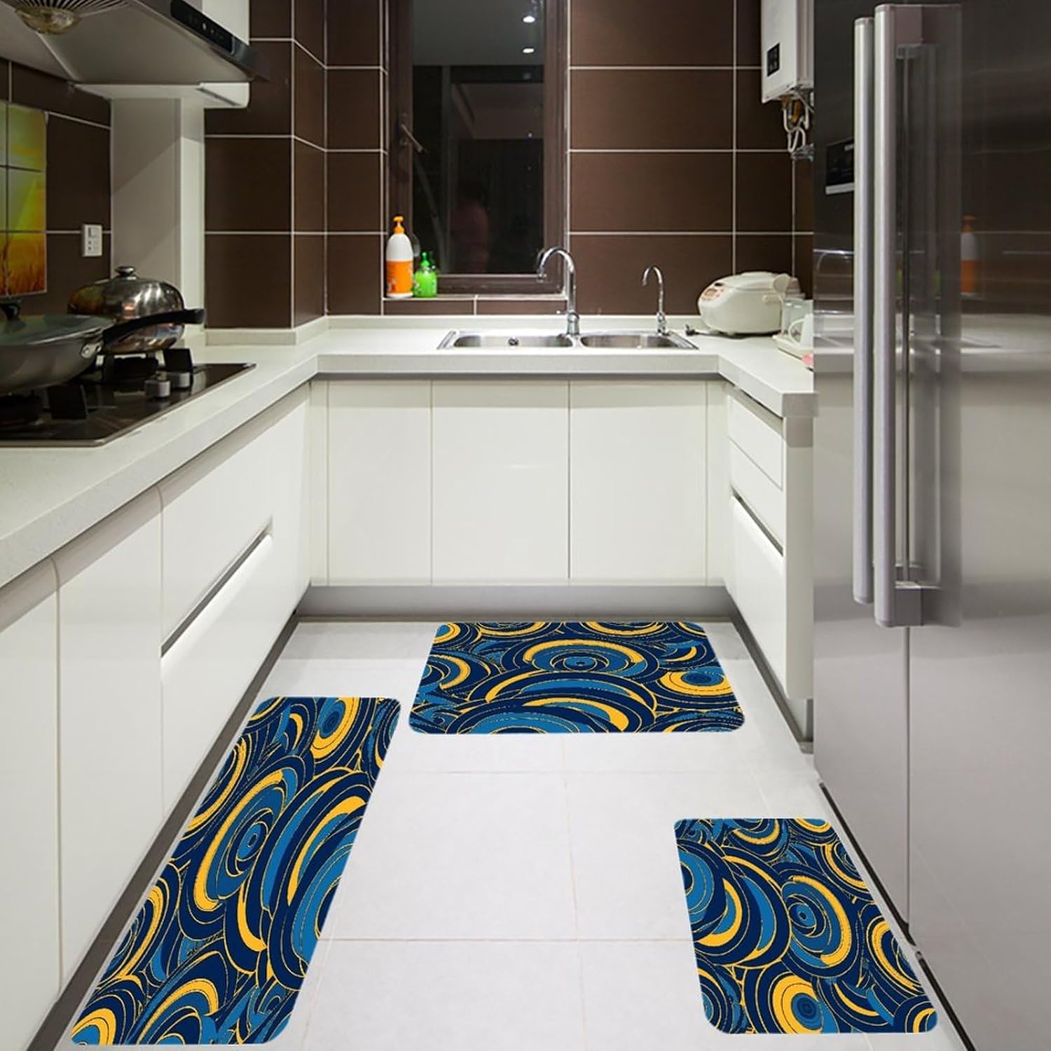 Blue and Yellow Pattern 3-Piece Kitchen Rug Indoor Door Mat | Non-Slip Kitchen Mat for Profile Absorbent, Moisture-Wicking and Breathable for Bathroom Laundry Room Bedroom Home Decor