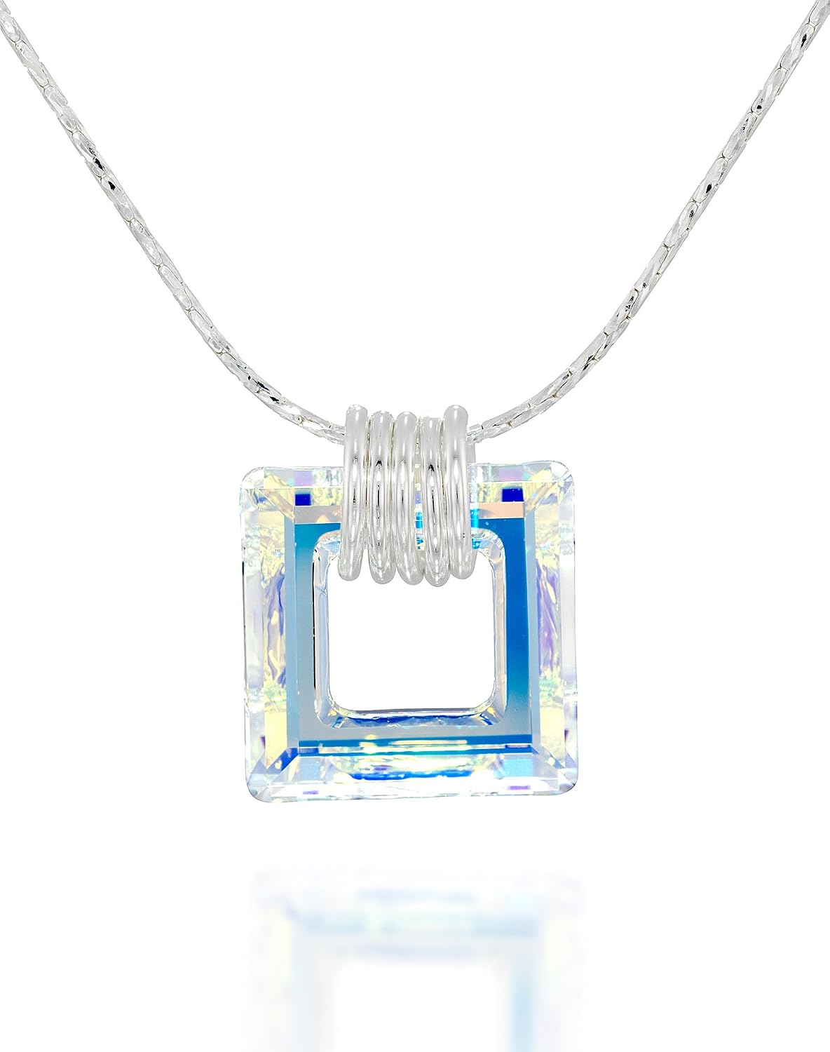 Stera Jewelry Sterling Silver Necklace Made with Swarovski Bermuda Blue or AB Square Crystal Pendant