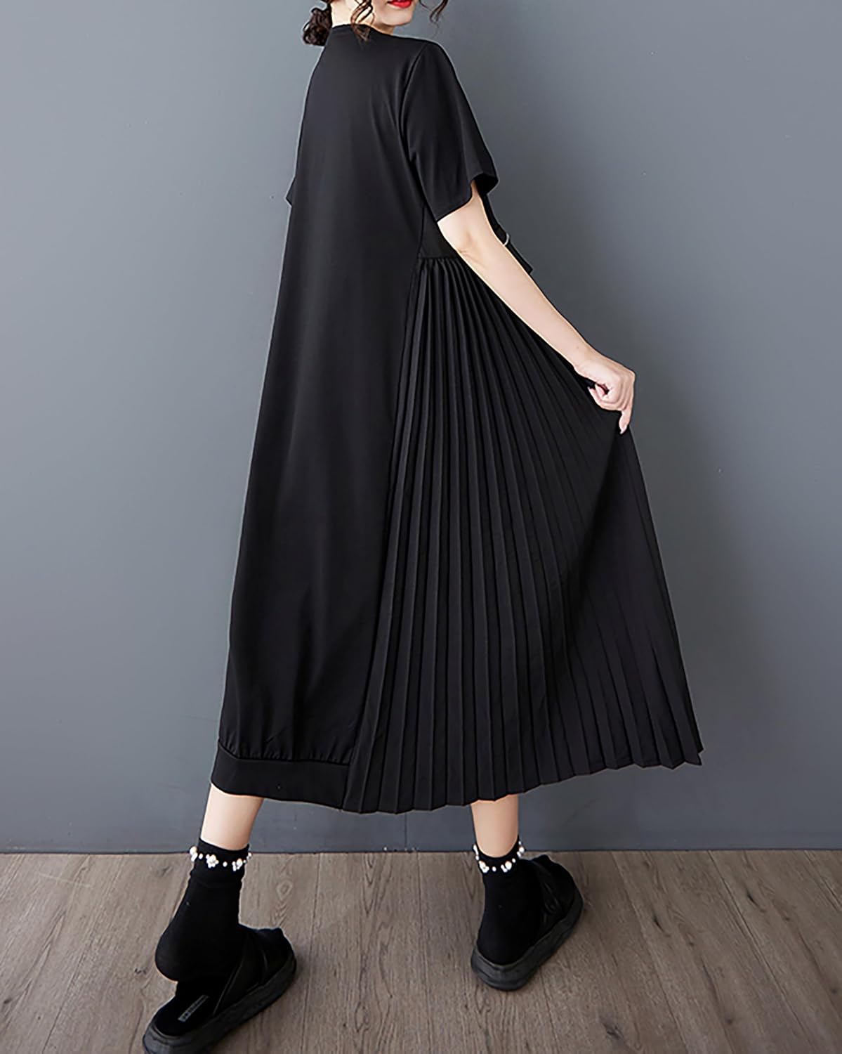 ellazhu Women's Dress Crewneck Short Sleeve Flowy Hem Patchwork Pleated GZ470 - Image 2