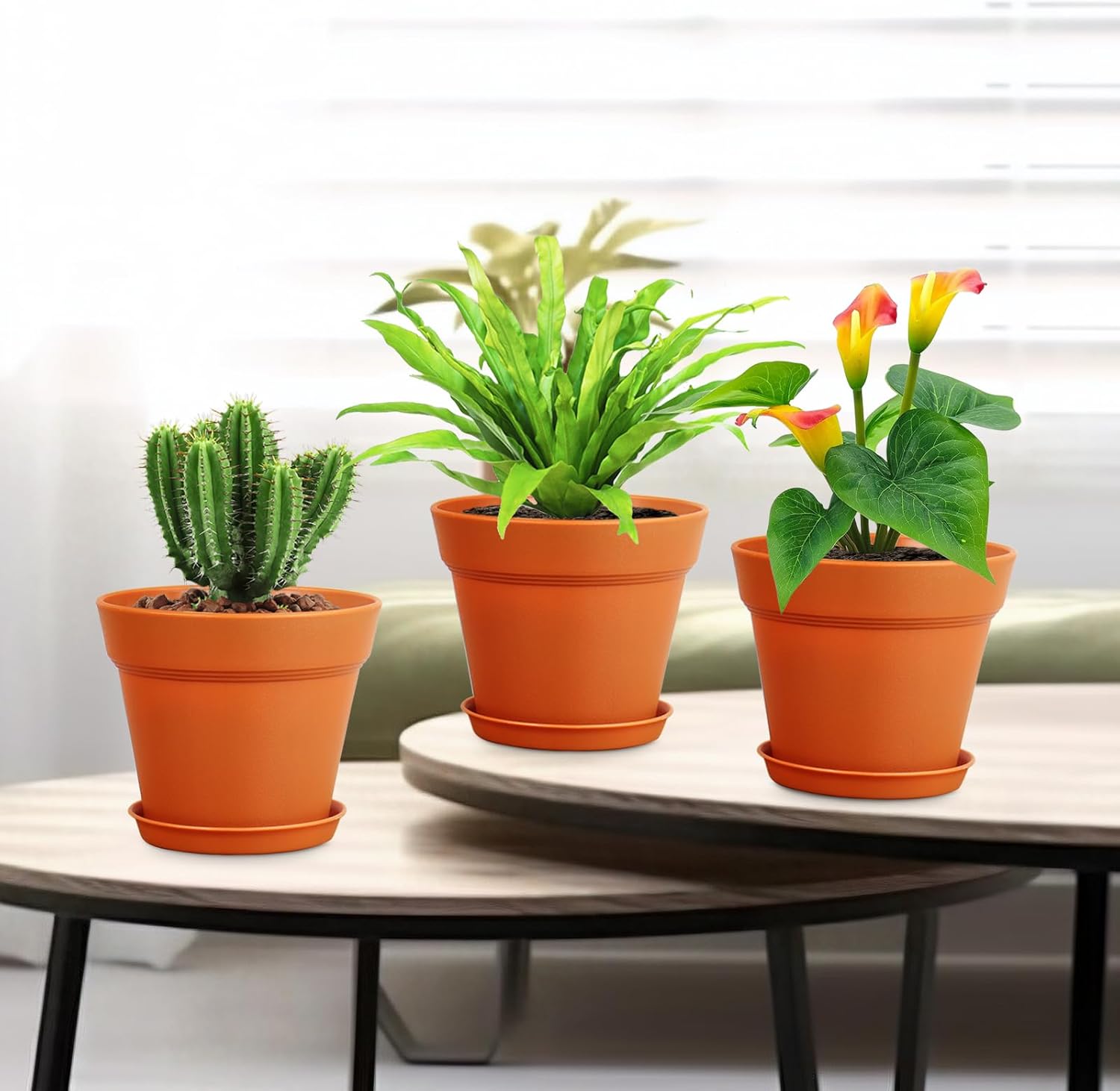 Meowell 6 inch Plastic Nursery Pots, 16 Pack Plant Pots for Indoor Outdoor Plants, Flower Pots with Drainage Holes and Saucers, Decorative Seedling Starter Planters for House Plants, Terracotta