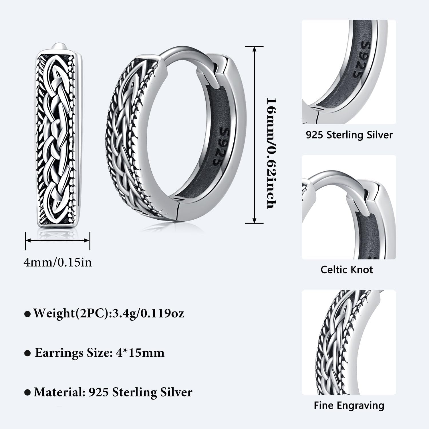 Odinstone 925 Sterling Silver Norse Viking Runes Hoop Earring Celtic Knot Earrings for Men Women Hypoallergenic Huggie Hoops Jewelry Gift - Image 6