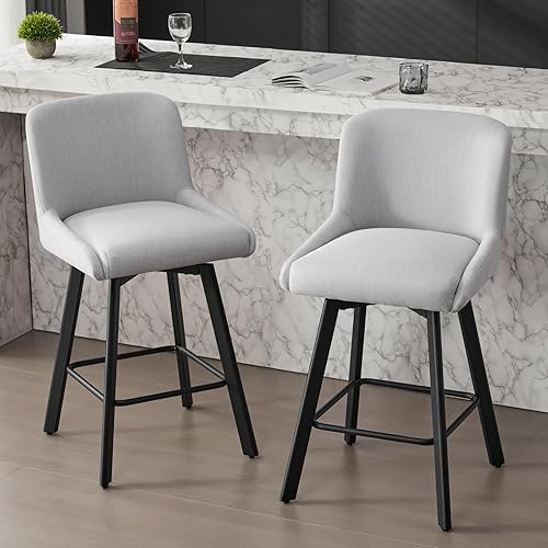 SAECKBERG Swivel Bar Stools Set of 2, 26''H Upholstered Barstools with Backs, Modern Counter Height Bar Stool Chairs for Kitchen Island, Metal Legs, Fabric, Light Gray Counter Stools