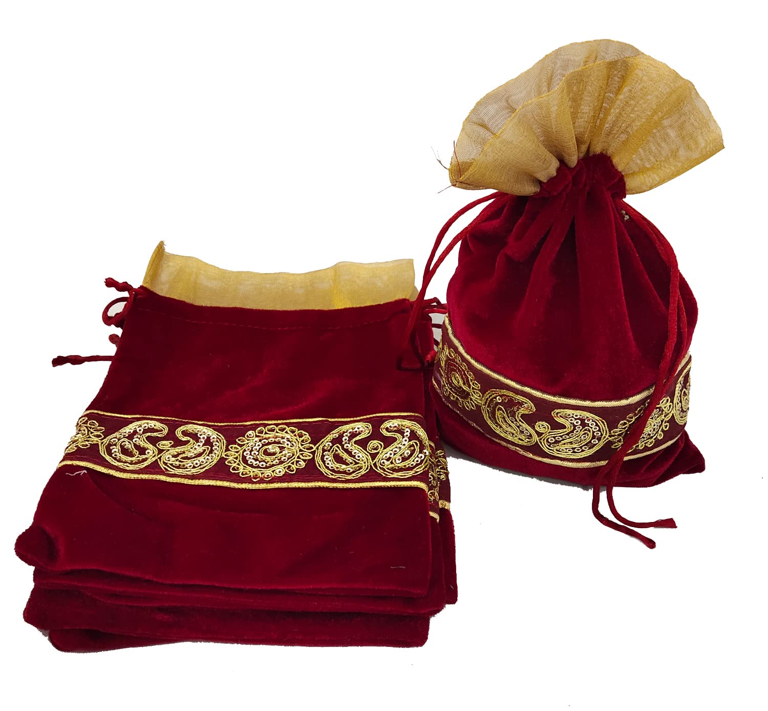 3A FEATURETAIL 18CM X 25CM Large Velvet Drawstring Bags Pouches Potli for Gift Wedding Jewelry Packaging Bridal Party Favors for Women (5 Pc Set, Maroon Color)-image-46