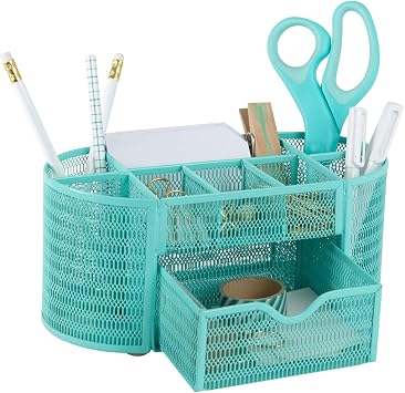 BLU MONACO Aqua Desk Organizer | Metal Stationery Holder With Drawer and Eight Compartments | Desktop Storage for Home Office or Study Space | 4.3D x 9.3W x 4H Workspace Organizer