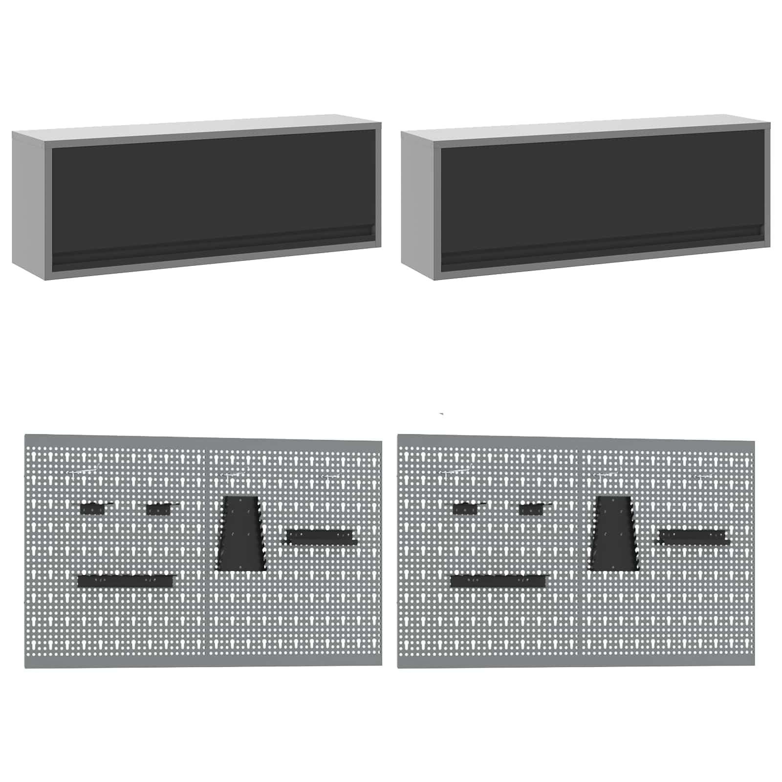 Juego de armarios de trabajo con cajones, acero pulverizado negro y material de madera, 200 x 55 x 200 cm, 10 piezas, taller o garaje, sistema de organización con pared de herramientas