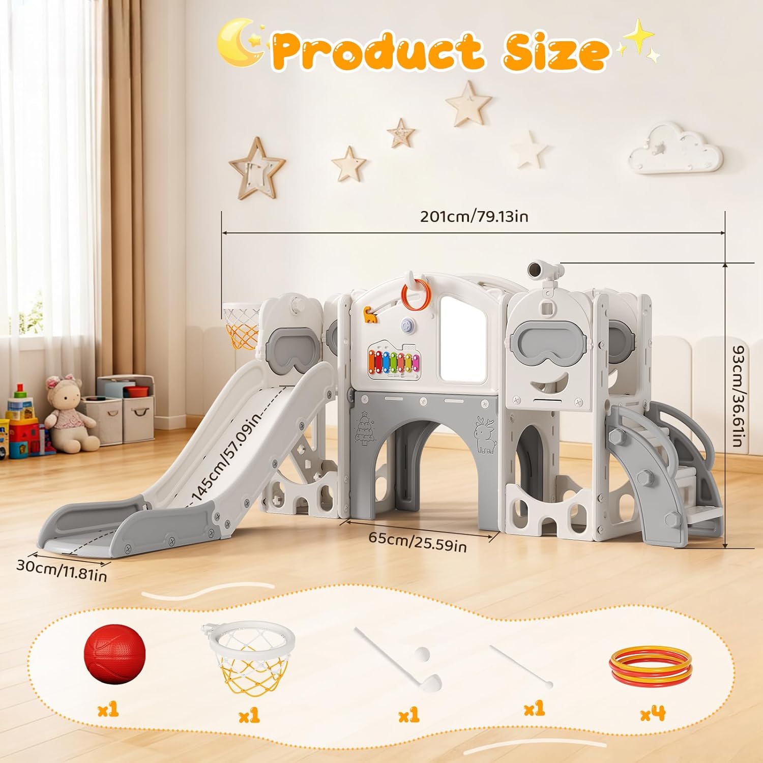 Toddler Slide, 13 in 1 Baby Playset Kids Freestanding Slide Climber with Ring Toss Game Xylophone Golf Set Basketball Hoop Indoor Outdoor Playground for Toddlers Age 1-3 (13 in 1 Grey)
