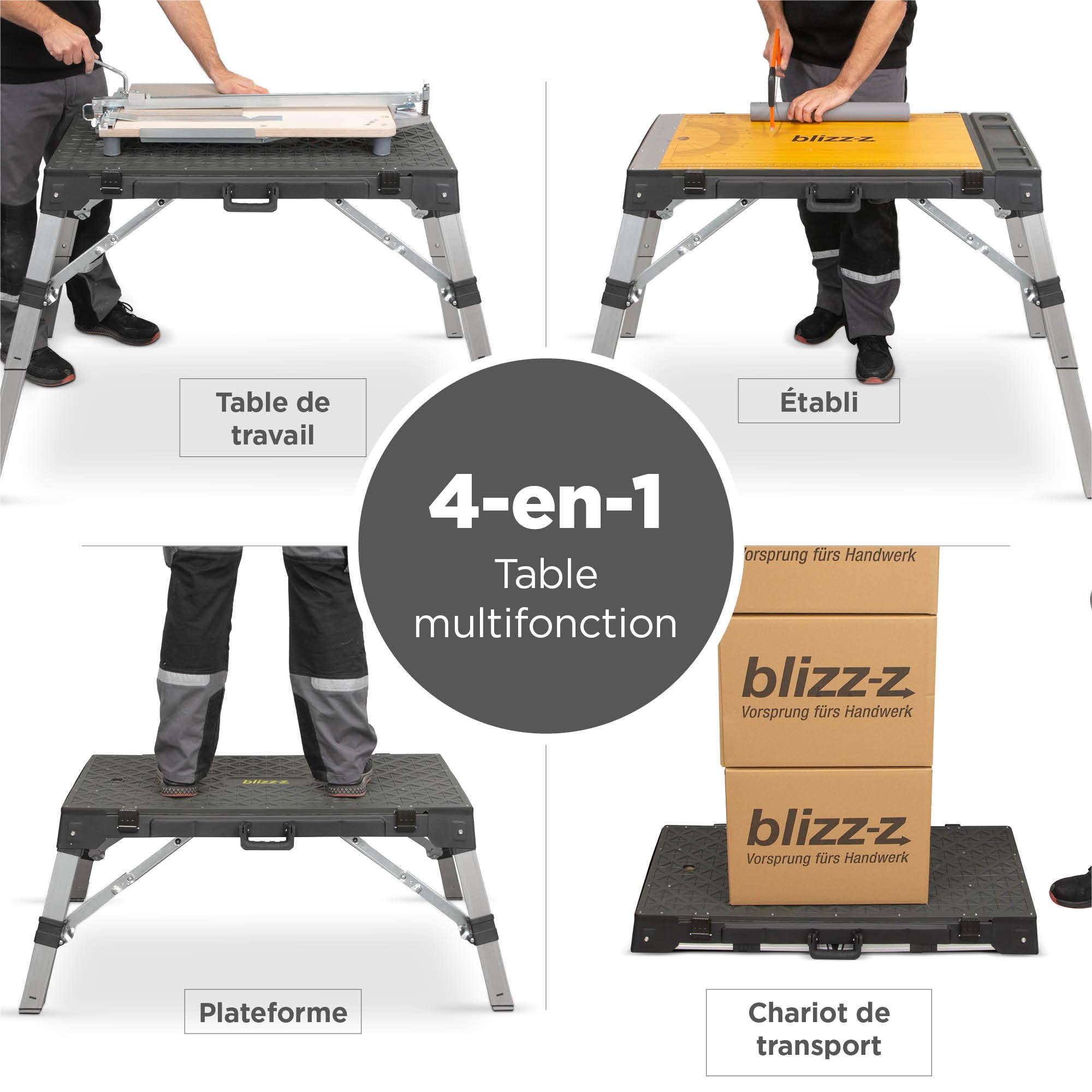 Table de Travail Multifonction 4-en-1 blizz-z, Dimensions 98 x 52 cm | Réglable en Hauteur, Pliable, Portable | Utilisation Polyvalente : comme établi, Chariot de Transport ou Table de Travail