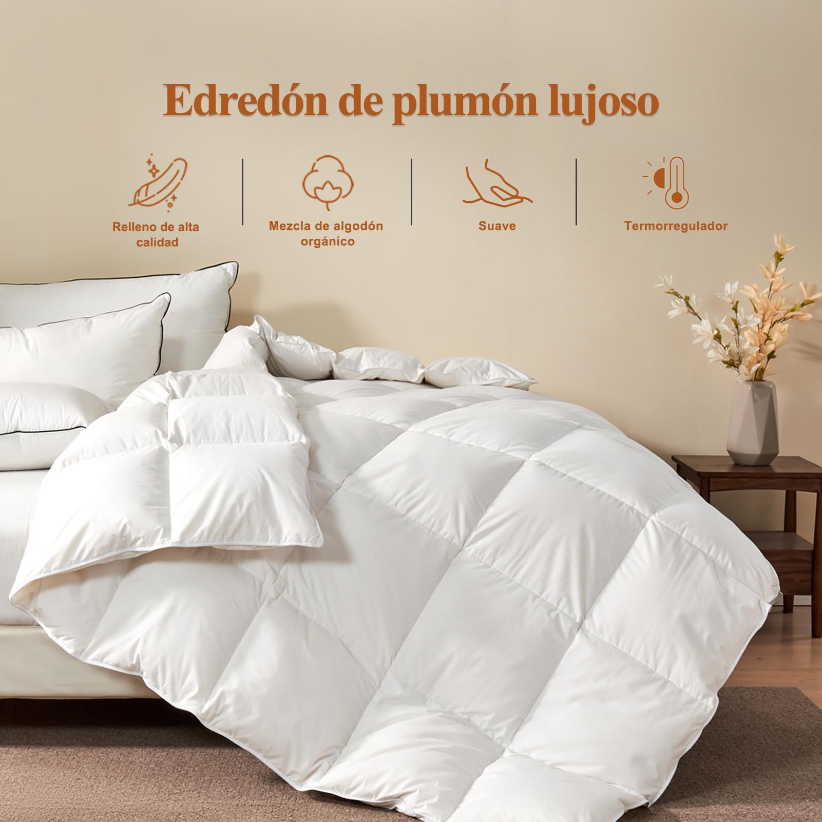Edredón de Plumón Cama 105 Mezcla de Algodón Egipcio, 100% Puro Plumón y Plumas Edredon Nordico para 4 Estaciones, Super Suave y Transpirable, Edredones Natural 300 gsm, Duvet 200x200 cm