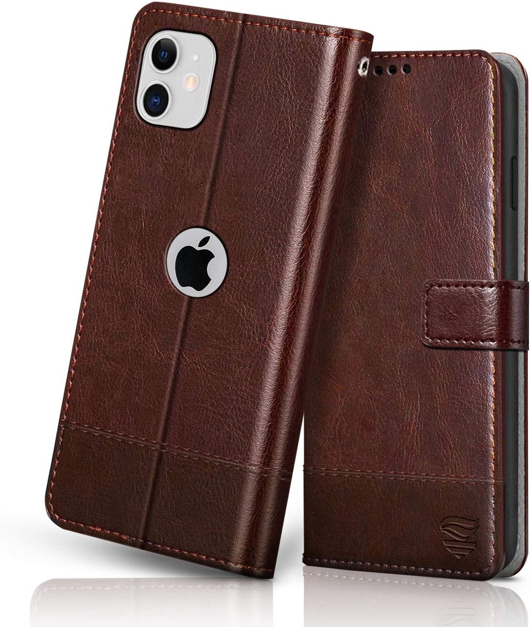 FLIPPED Vegan Leather Flip Case Back Cover for iPhone 11 (Flexible, Shock Proof | Hand Stitched Leather Finish | Card Pockets Wallet & Stand | Tan with Brown)