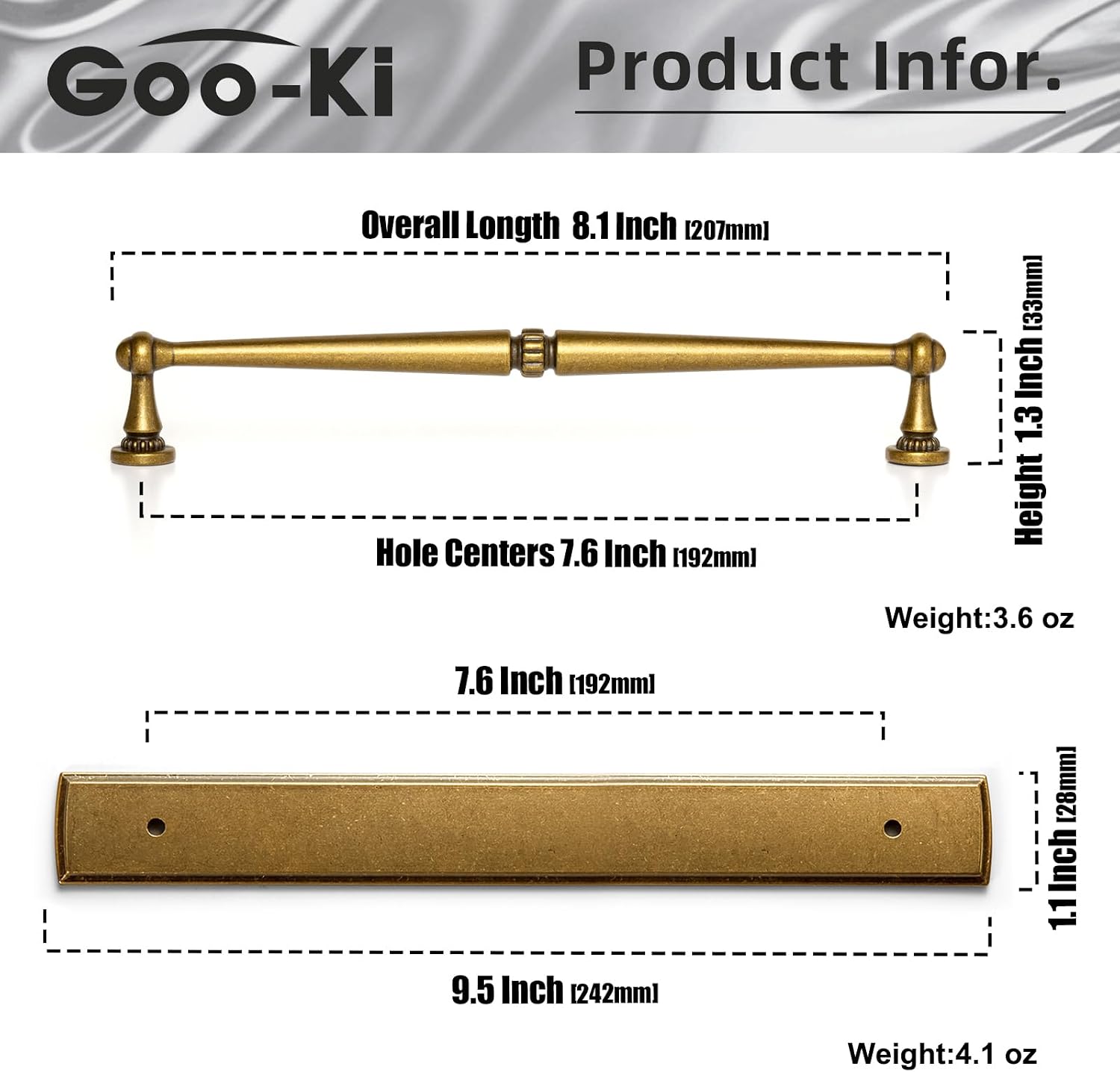 Goo-Ki 7.56" c-c Antique Brass Cabinet Pulls with Backplate Zinc Alloy Kitchen Hardware - 2 Pack Vintage Brass Drawer Pulls Bar Cabinet Handles with Spacer
