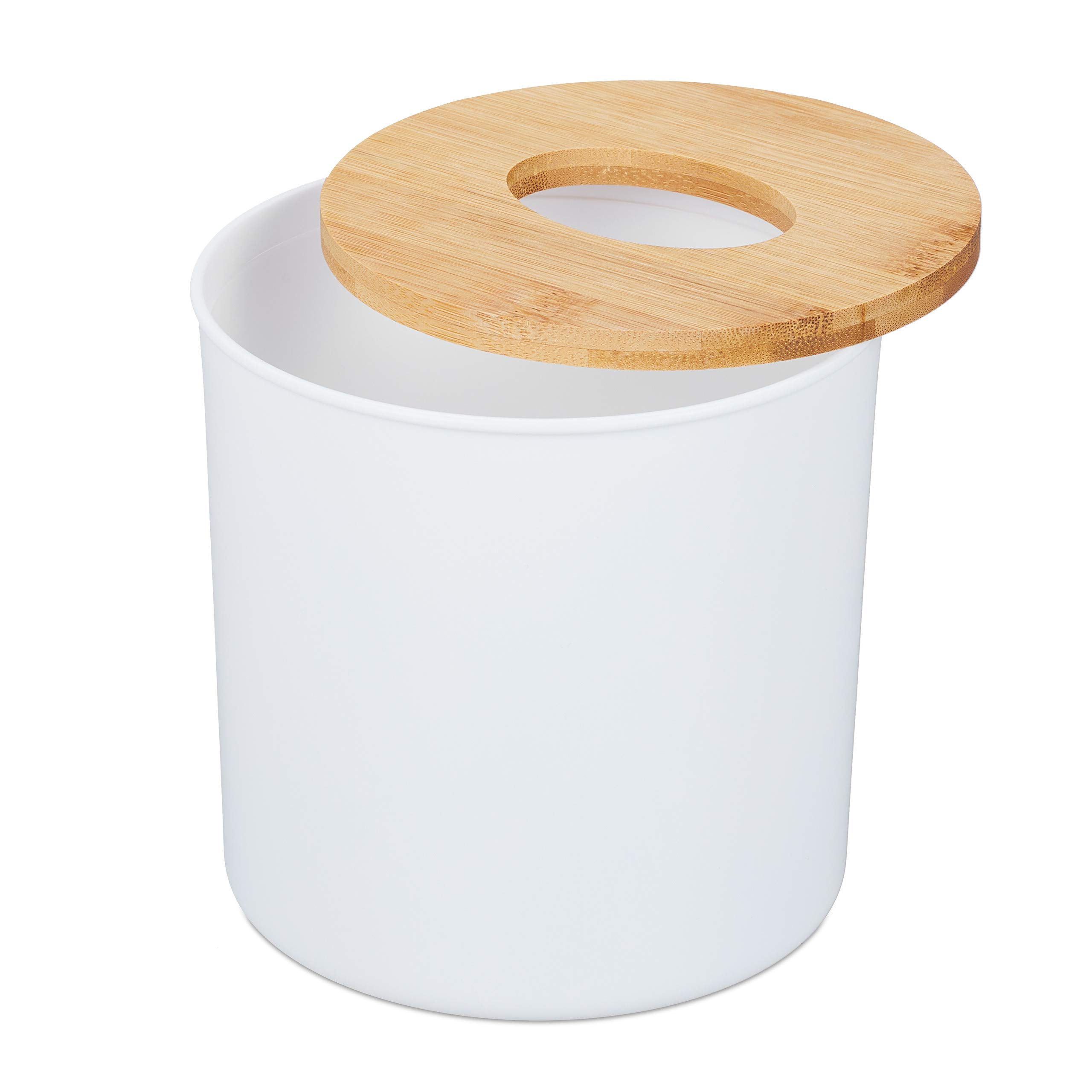 Relaxdays Pudełko na chusteczki kosmetyczne z bambusową pokrywką, łazienka, nowoczesne wzornictwo, pojemnik z tworzywa sztucznego, wys. x śr.: 12,5 x 13,5 cm, biały/naturalny