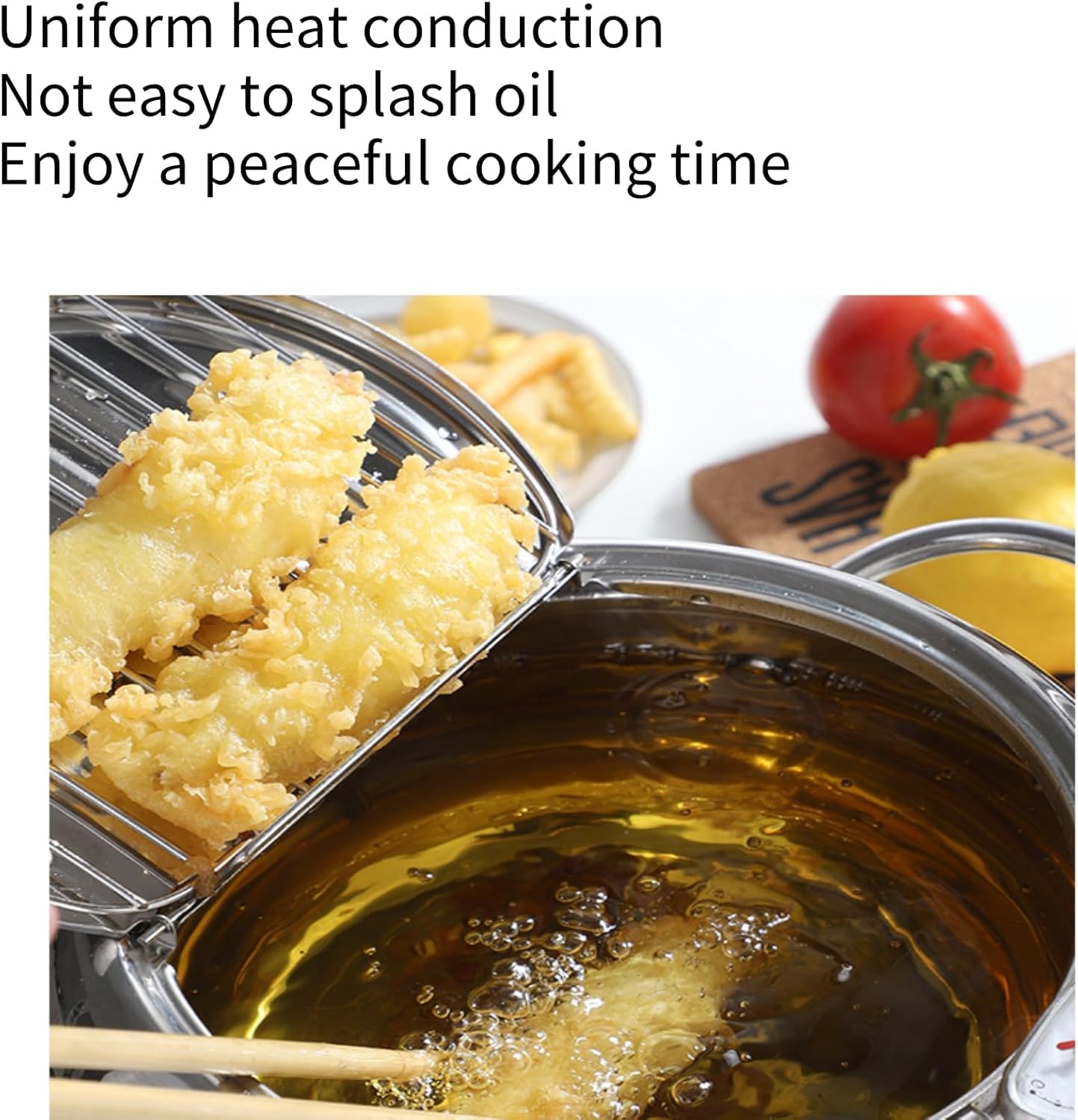 Pentola per frittura, pentola giapponese in acciaio inox con scarico dell'olio, controllo della temperatura e coperchio, friggitrice tempura per fornelli a gas/induzione, per patatine e pollo (24CM)