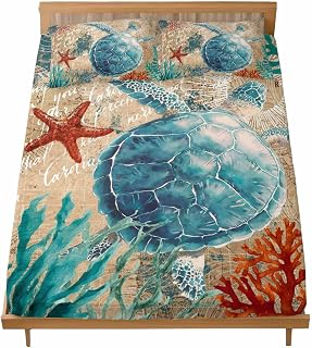 California King Bed Fitted Sheets Sea Turtles Starfish Coral Bed Set with 16" Deep Pocket,Soft Microfiber Bedding Bottom Sheet with 2 Decorative Pillowcases Abstract Marine Life