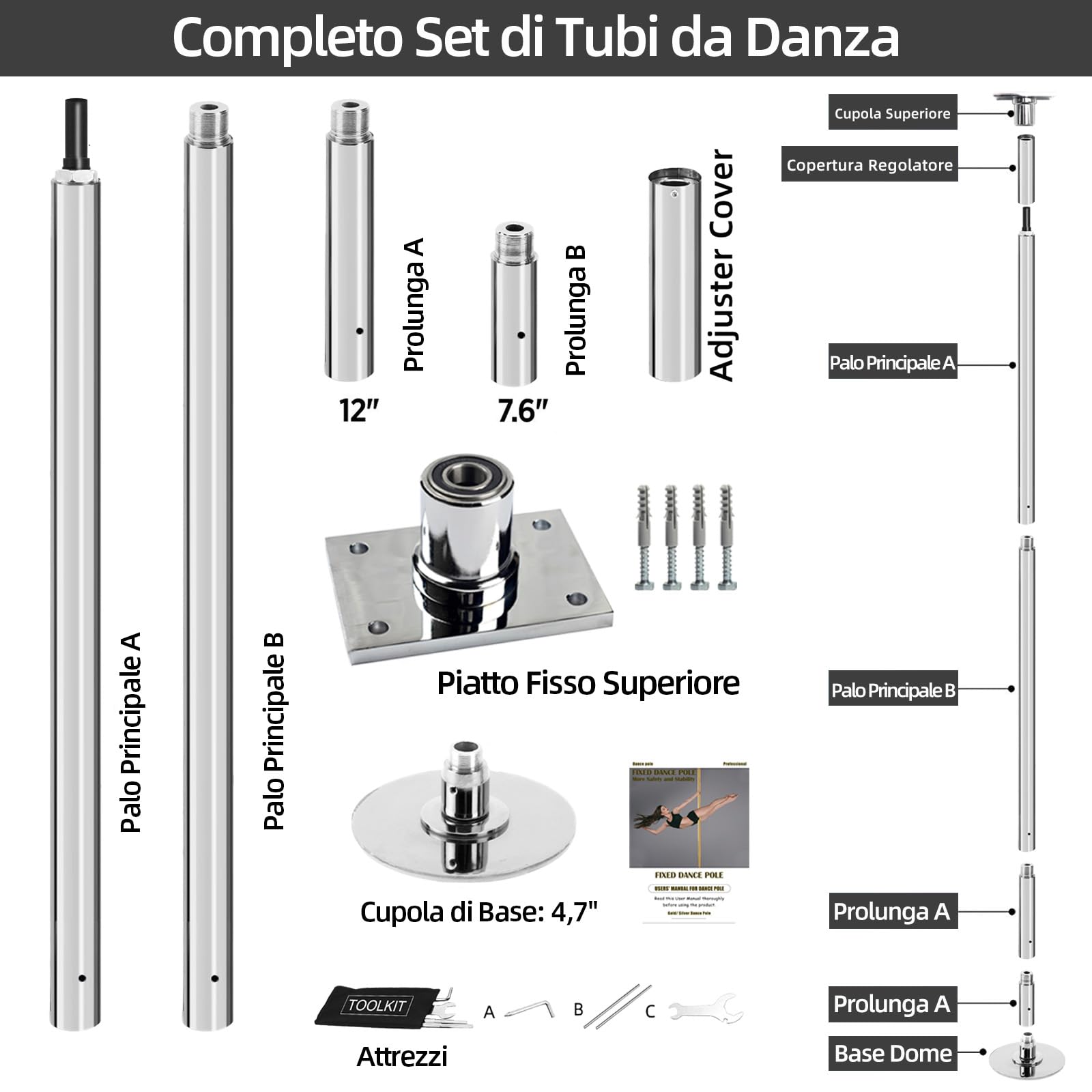 PRIOR FITNESS Set Palo da Ballo Fisso – 45 mm, Palo Fitness Rotante/Statico, Piastra Fissa per Danza, con Accessori per Montaggio a Soffitto, Ideale per Club, Feste, Home, con Certificazione CE
