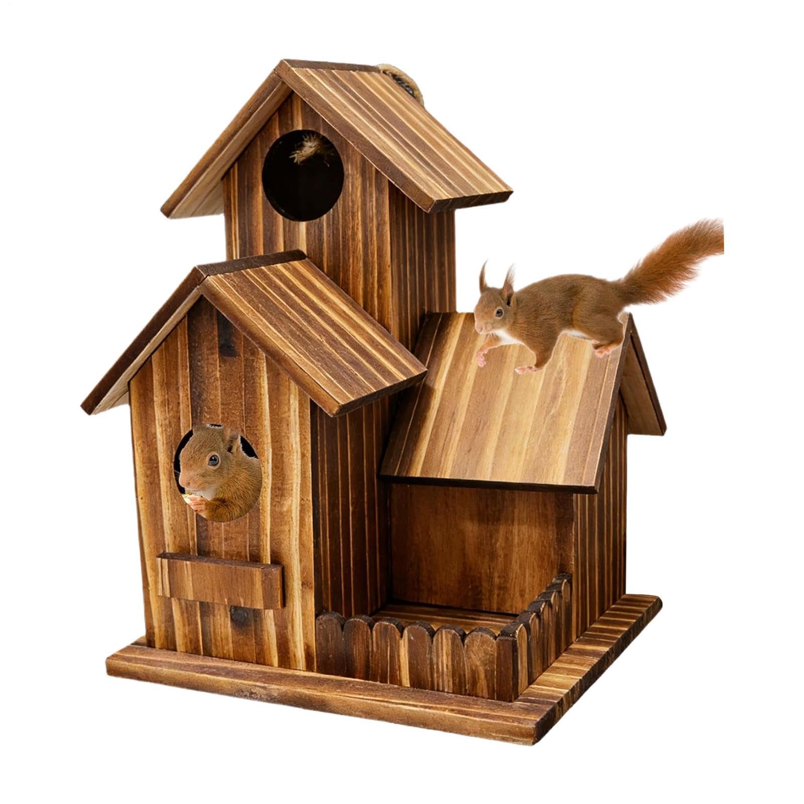 Squirrel Feeder, Wooden Squirrel Feeder House for Garden, Large Capacity Wooden Squirrels Feeding Station with Flexible Roof, Three-Room Design Food Feeding Outdoor Station for Backyard