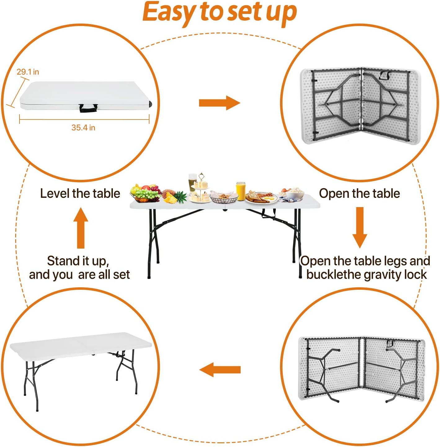 Folding Table | 6 ft Folding Picnic Table Portable | Heavy Duty Dining Table | Fold in Half with Handle and Sturdy Steel Frame for Outdoor Indoor Camping, Picnic and Party, White