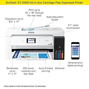 Epson EcoTank ET-15000 Wireless Color All-in-One Supertank Printer with Scanner, Copier, Fax, Ethernet and Printing up to 13 x 19 Inches, White