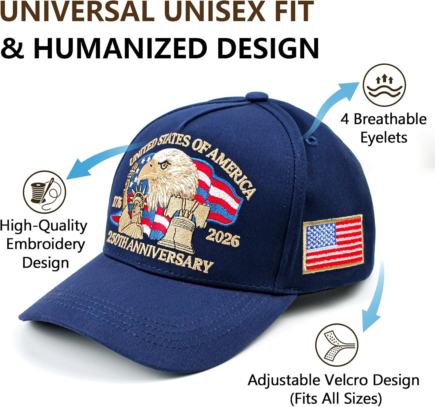 250 Anniversary USA Hat, Embroidered America 250th Anniversary Hat 1776-2026, Patriot Baseball Cap for Men Women