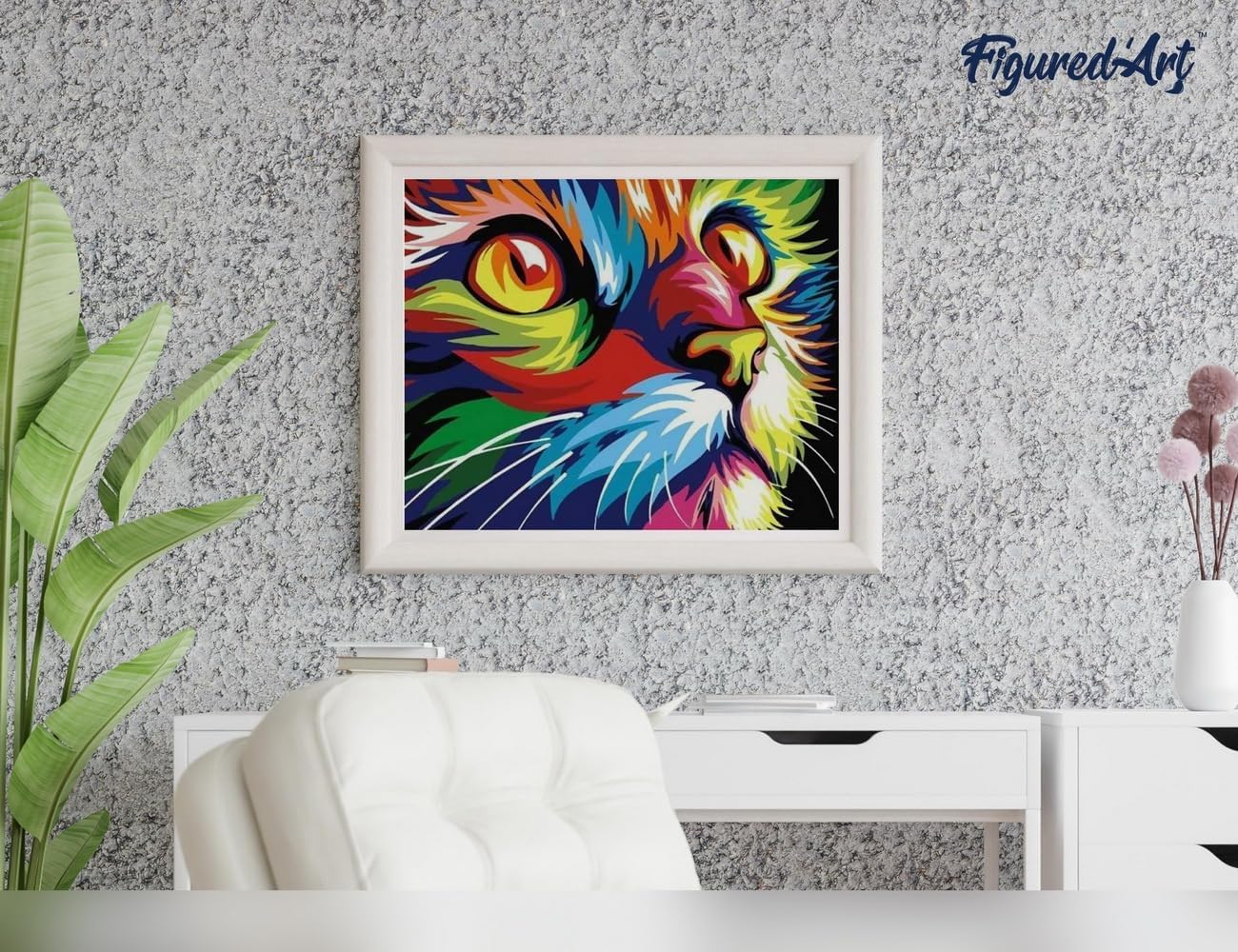 Figured'Art Paint by Numbers Kit for Adults Feline Pop Art 16"x20" - Craft Art Painting Rolled Canvas with DIY Wooden Frame