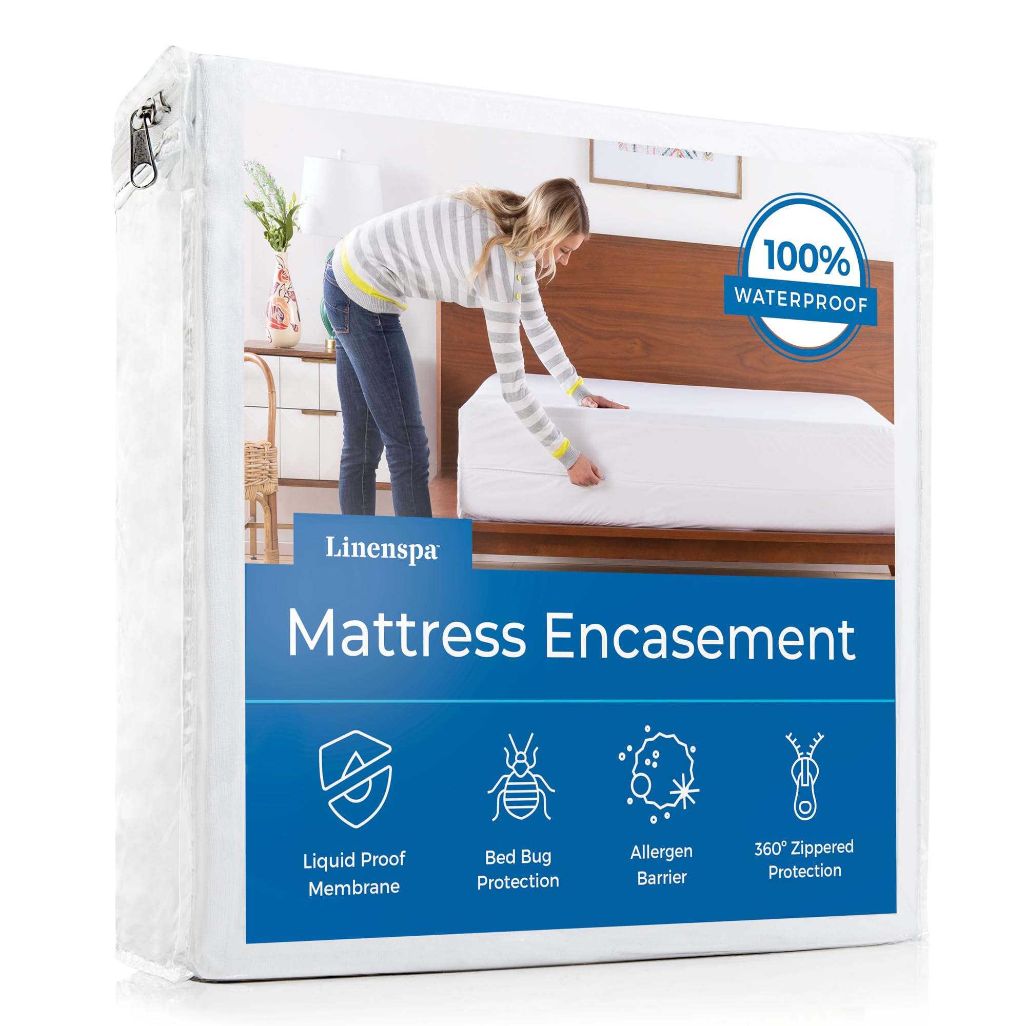 Linenspa Zippered Mattress Encasement – Twin Size Waterproof Mattress Protector – Quiet Cover & Complete protection – Dorm Room Essentials, White