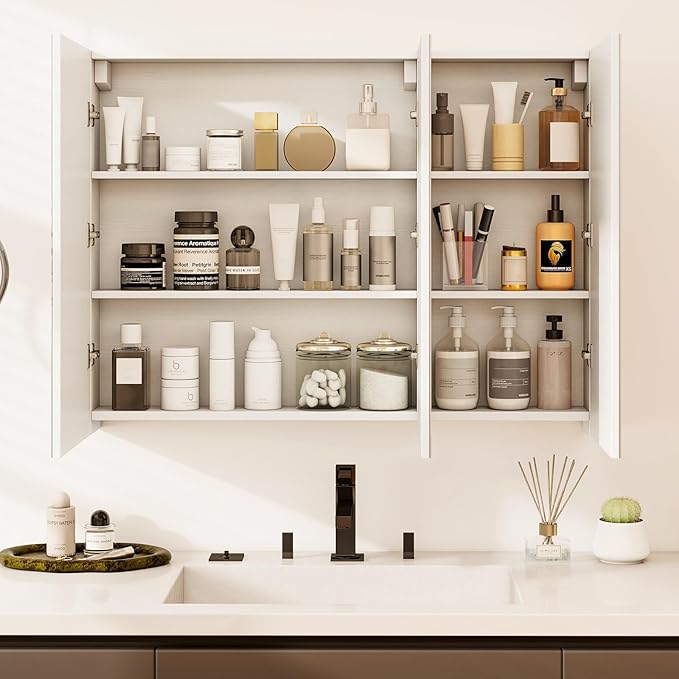 Gabinete de baño Tangkula con espejo y 3 puertas, blanco miniatura 4