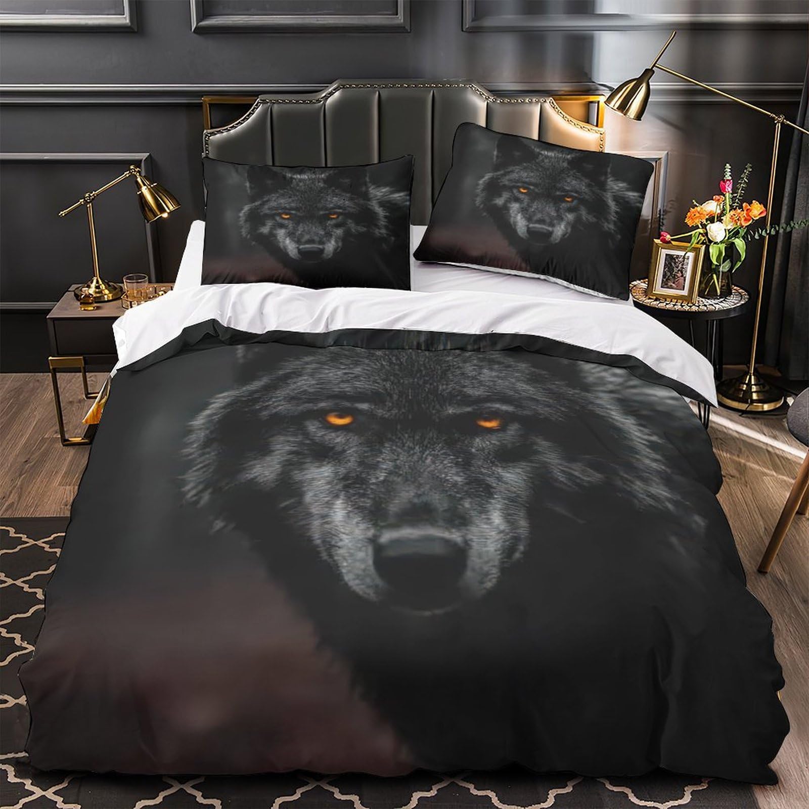 MMDASBVPE Black Wolf Eyes Duvet Cover 3D Design Printed Anti-allergic 3 Pieces Bedding Set Zipper Quilt Cover Hotel Quality Washable for Adults Kids Women Teens Youth Girls Single（135x200cm）