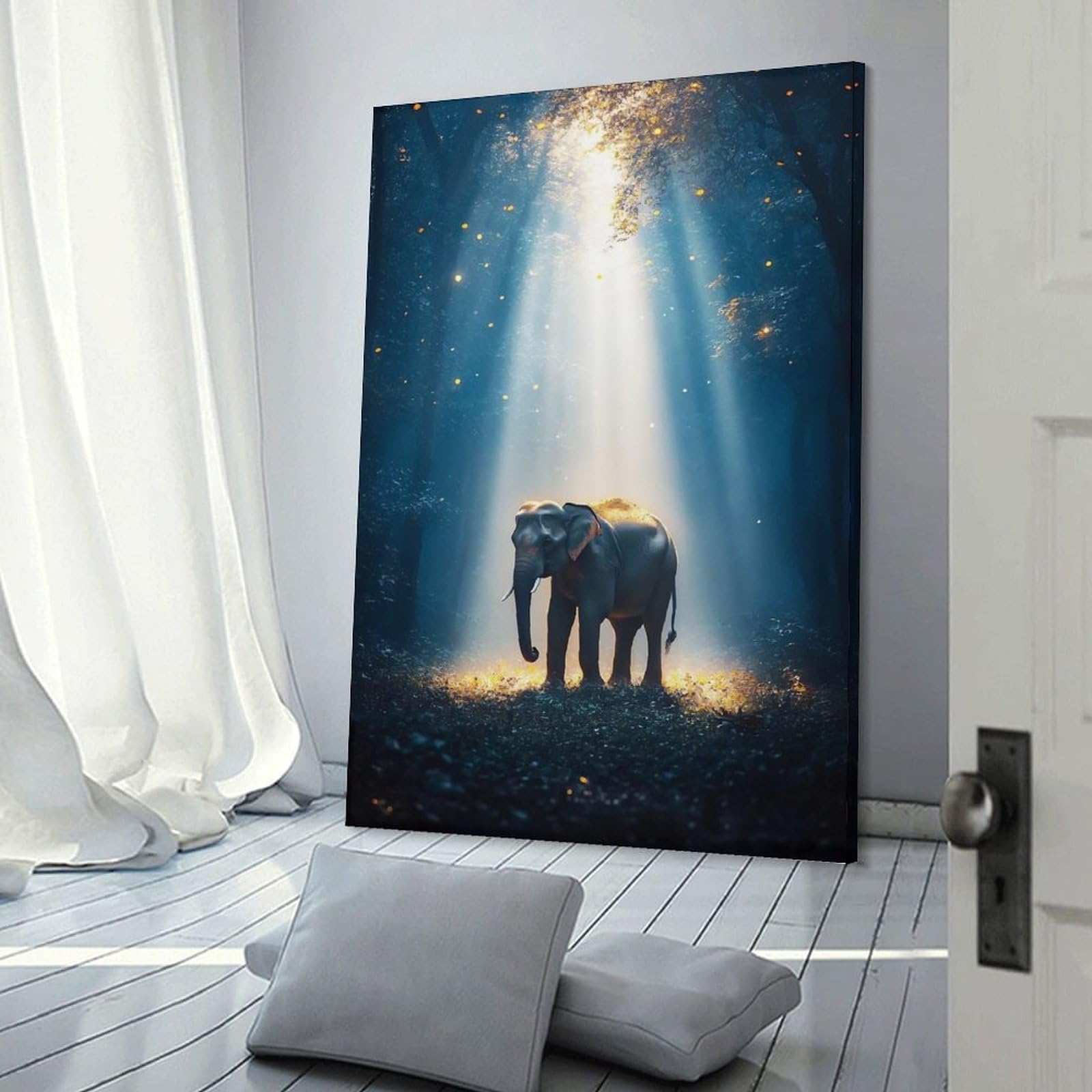 Junmoney Frame-Style-11 Wall Picture Print Elephant In A Mystical Forest, 16X24inch(40X60cm), For Contemporary Homes, Apartments Or Offices, Decorative Canvas Decor For Home Updates