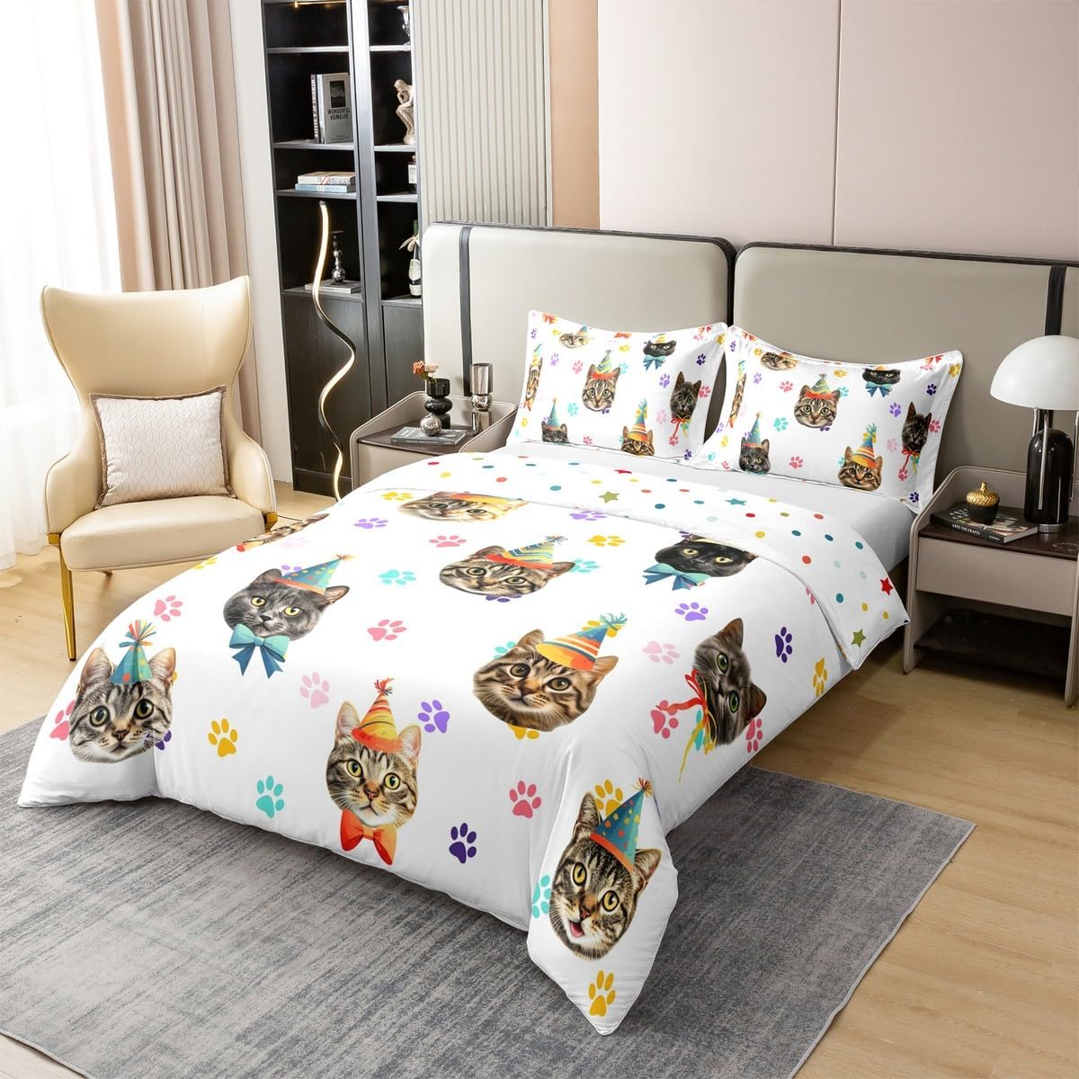 Cute Cat Head Kids 100% Cotton Duvet Cover Queen Size Lovely Colorful Kitty Paw Print Bedding Set for Boys Girls Teens Cartoon Birthday Hat Kawaii Animals Comforter Cover,2 Pillowcases,No Comforter