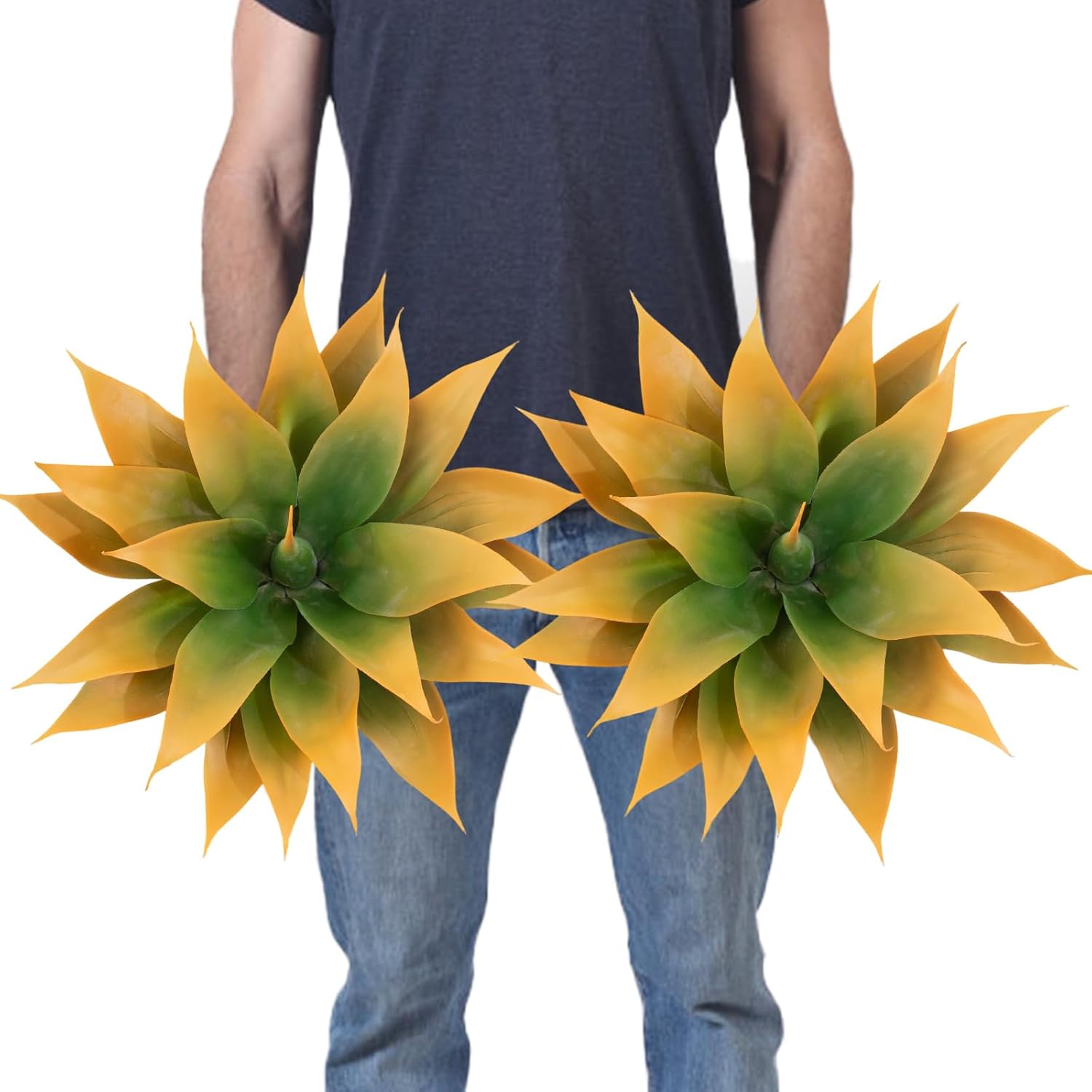 2Pack Fake Agave Plants 18 Inch Large Artificial Succulents Realistic UV Resistant Faux Aesthetic Plants for Outdoors Tropical Plant Greenery for Home Garden Front Porch Decor - 21Leaves, Yellow