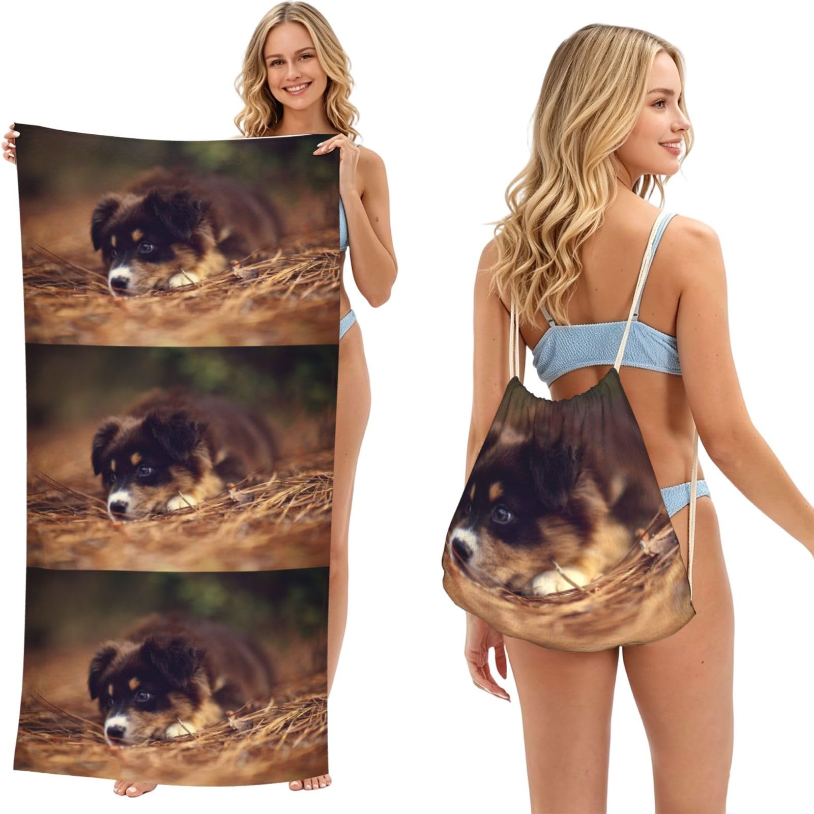 Poadnly As Picture Border Collie Puppy Bokeh Brown Border Collie, 2 In 1 Packable Towel Bag, Beach Towels With Drawstring Backpack For Travel Holiday Camping