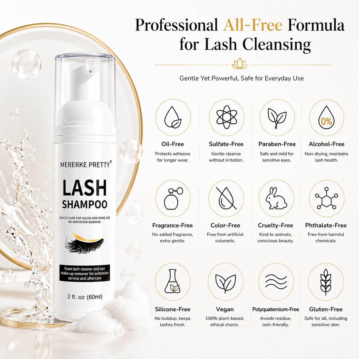 Cleanser de extensión de pestañas 50 ml + pinceles + botella de enjuague, Champú de espuma de pestañas para extensiones y pestañas naturales, sin sulfatos, uso en salón y familiar.
