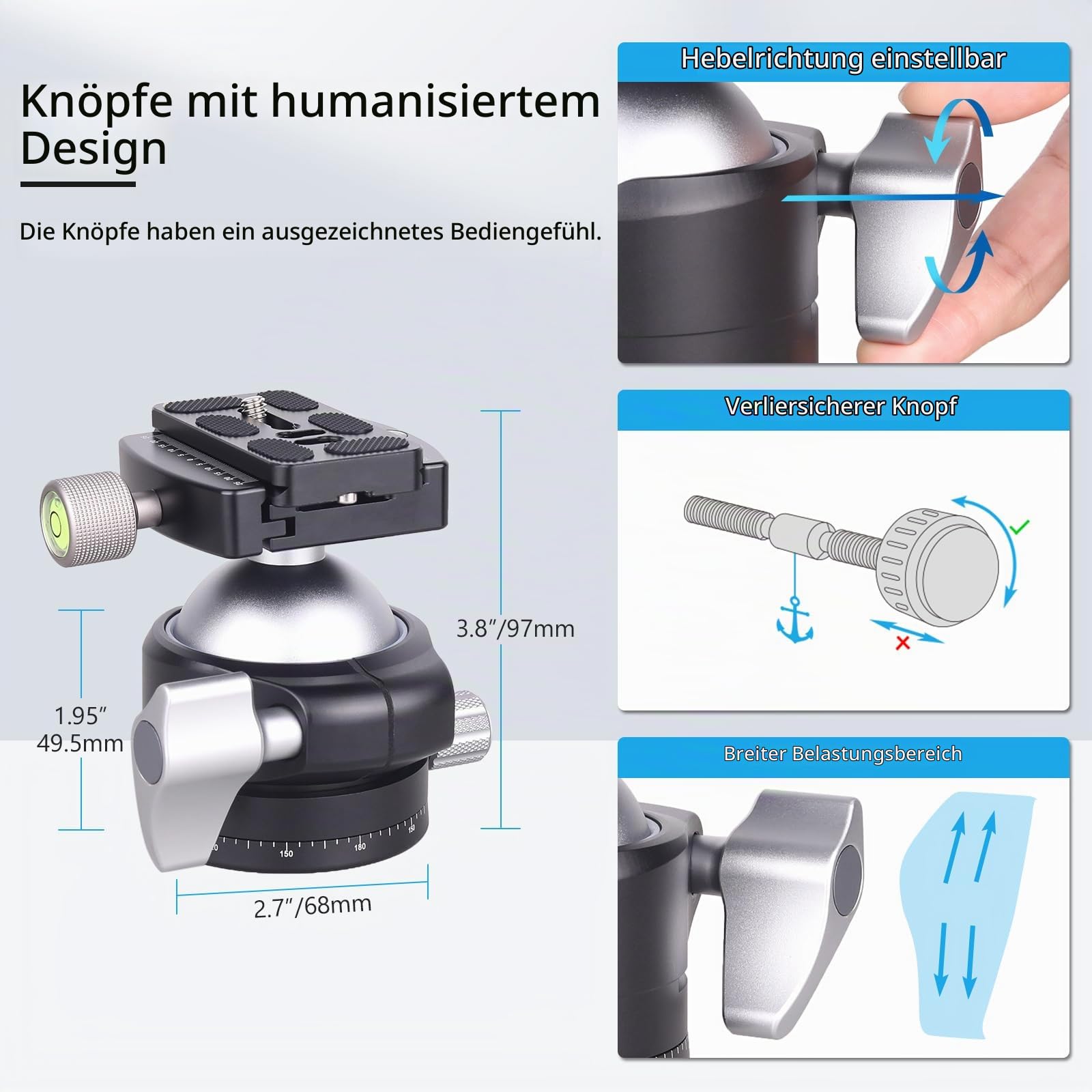 ARTCISE Niedrigprofil-Kugelkopf, 56mm Metall Panorama-Stativkopf kompatibel mit Arca 1/4" Schnellwechselplatte für Stativ, Einbein, Slider, DSLR-Kamera, Camcorder, Tragfähigkeit: 40kg