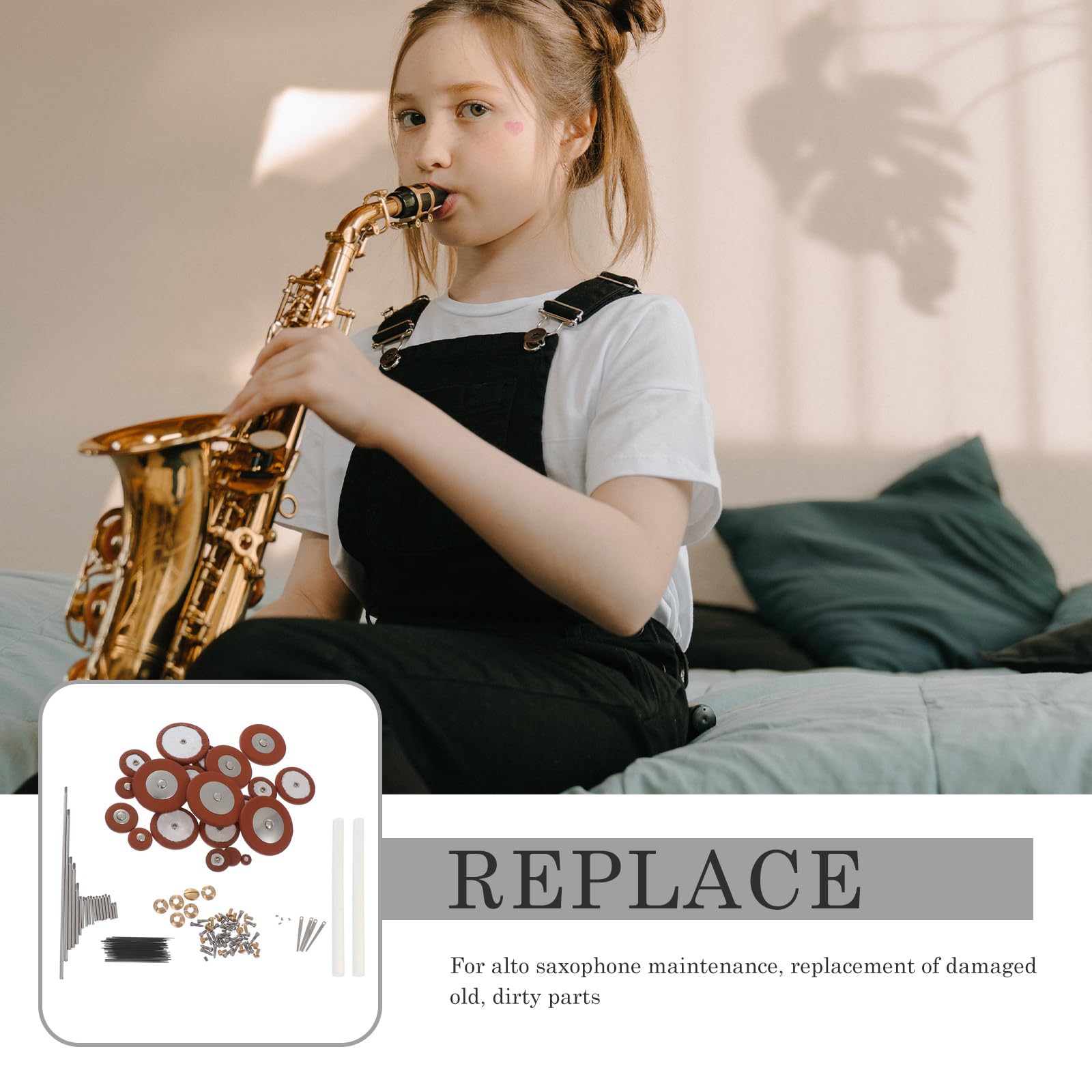 Kit de Reparación Tornillos y Muelles de Metal y Piel de Oveja Color Aleatorio para Saxofón Alto para Mantenimiento y Sustitución de Piezas Dañadas