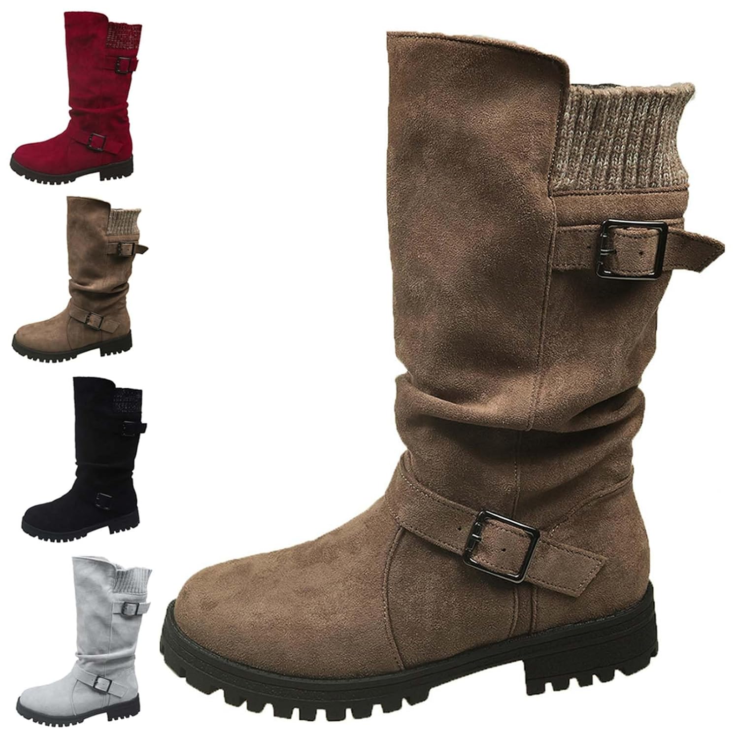 Womens Mid Calf Dress Boots Chunky Heel Slouchy Biker Motorcycle Riding Boots Round-Toe Pull On Fall Spring Booties
